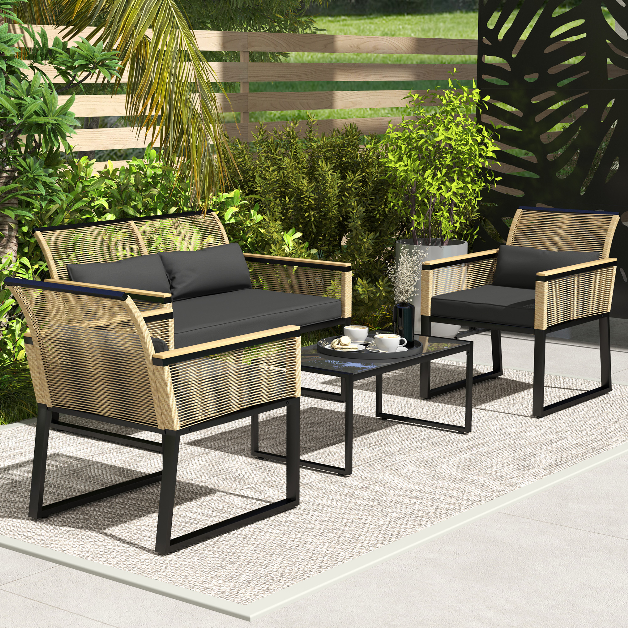 Outsunny Polyrattan Gartenmöbel Set 4 Personen, wetterfest Balkonmöbel-Set günstig online kaufen