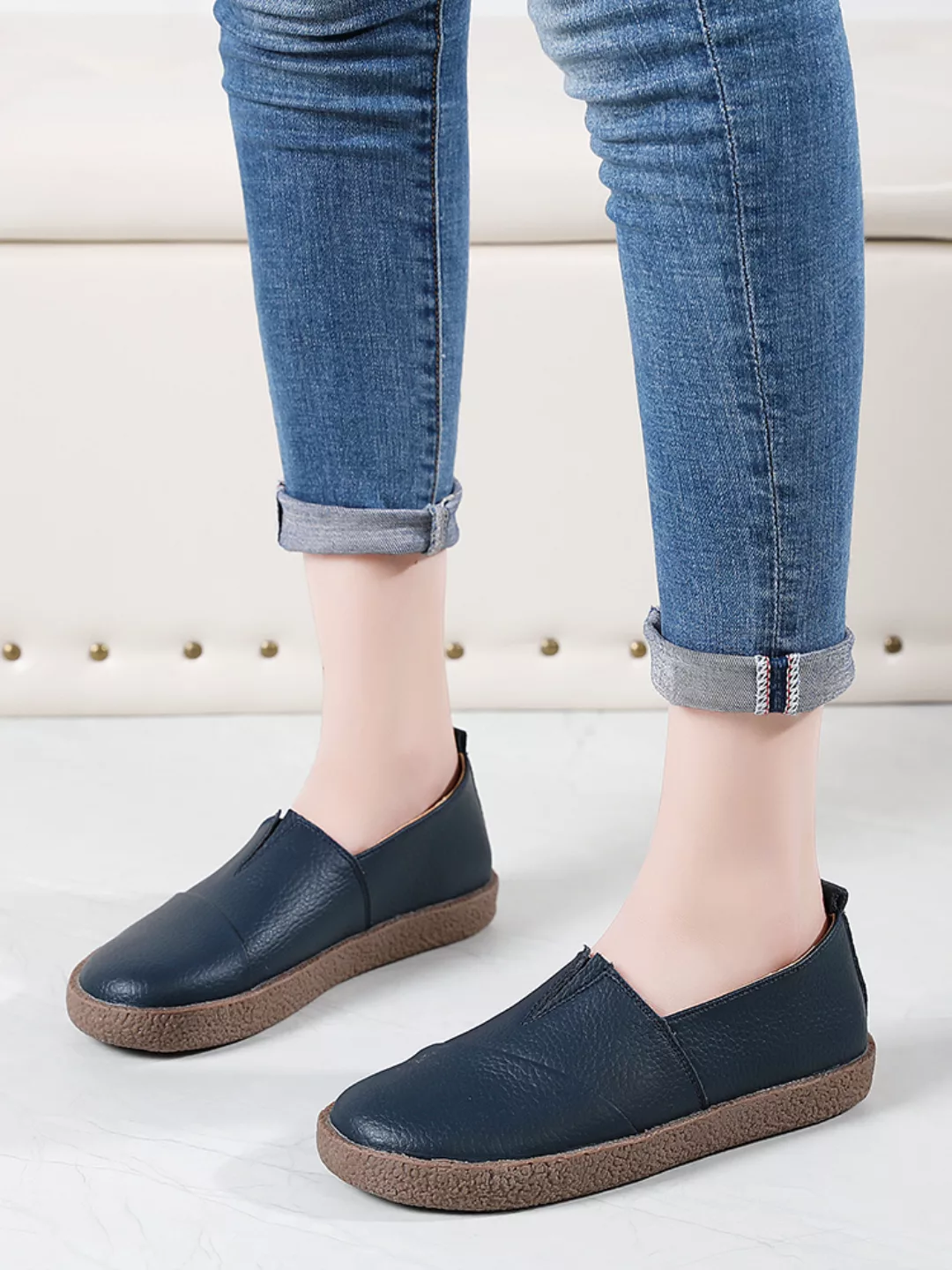 Damen Leder Casual Slip On Flache Loafer Schuhe günstig online kaufen