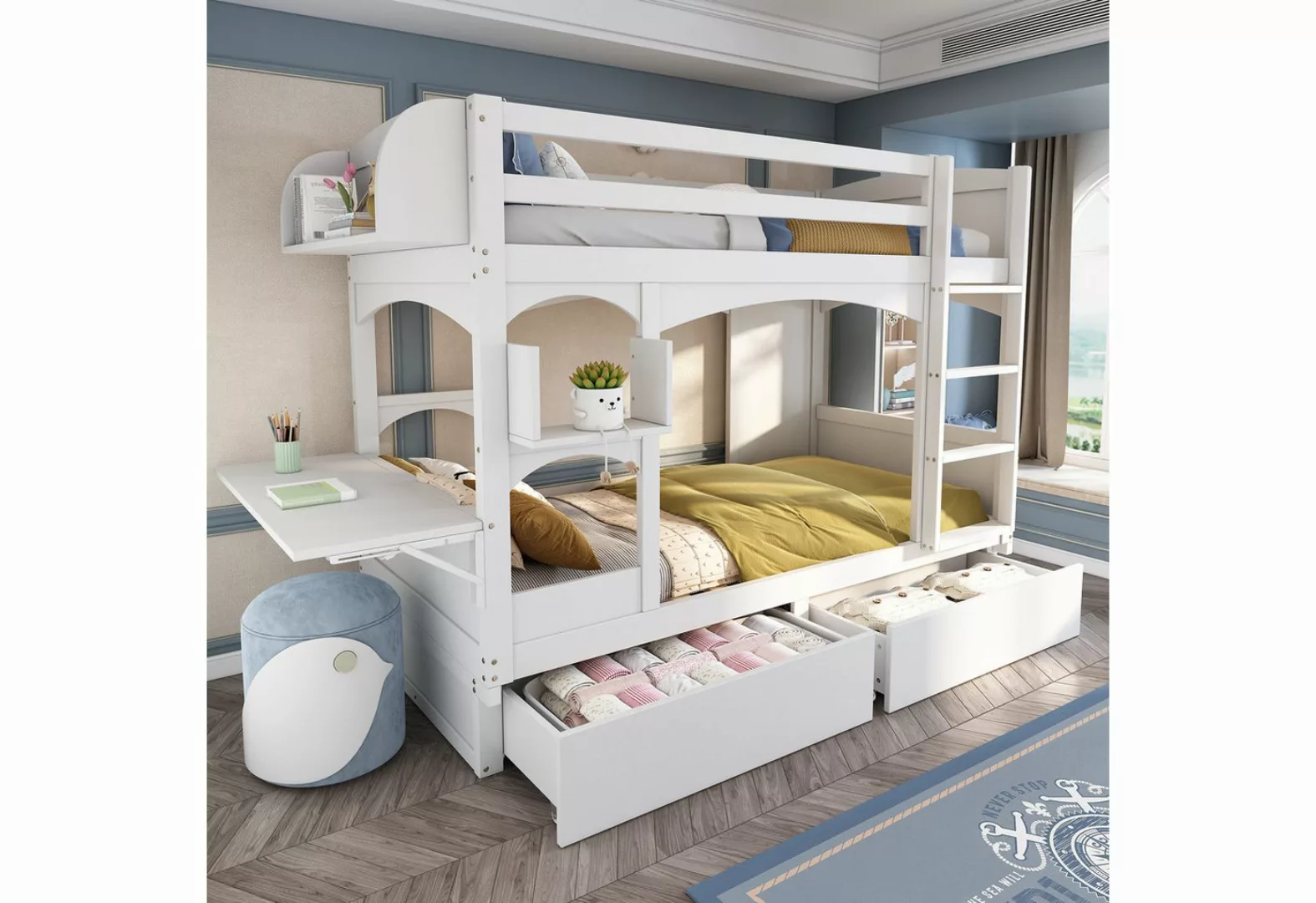 Flieks Etagenbett, Kinderbett mit klappbarem Schreibtisch, Regal, 2 Schubla günstig online kaufen