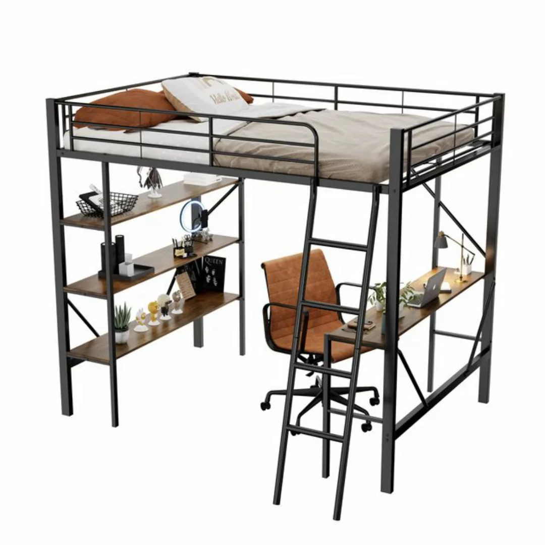 MODFU Metallbett Hochbett mit Schreibtisch und drei großen Ablagen (Bettges günstig online kaufen