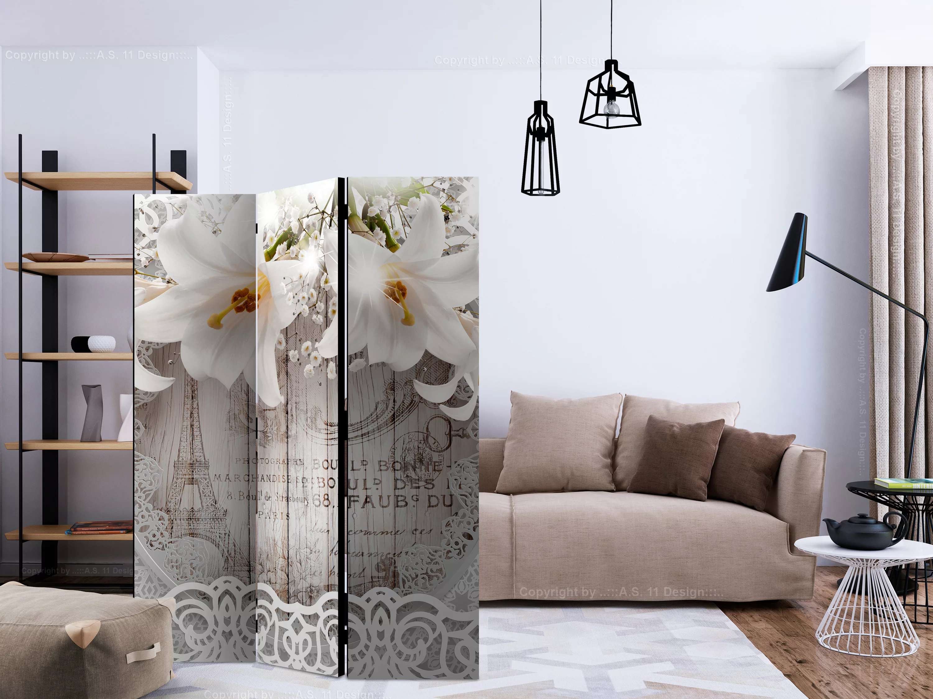 3-teiliges Paravent - Lilies And Quilted Background [room Dividers] günstig online kaufen