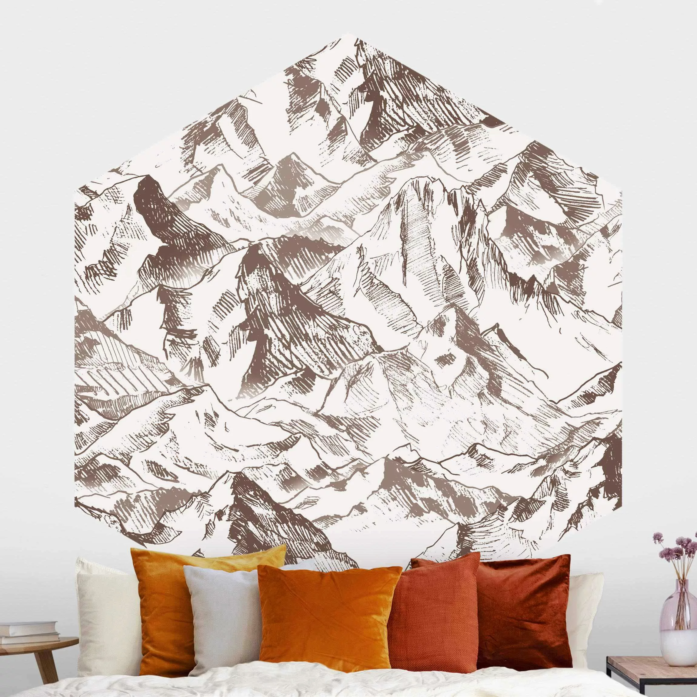 Hexagon Mustertapete selbstklebend Illustration Berglandschaft Sepia günstig online kaufen
