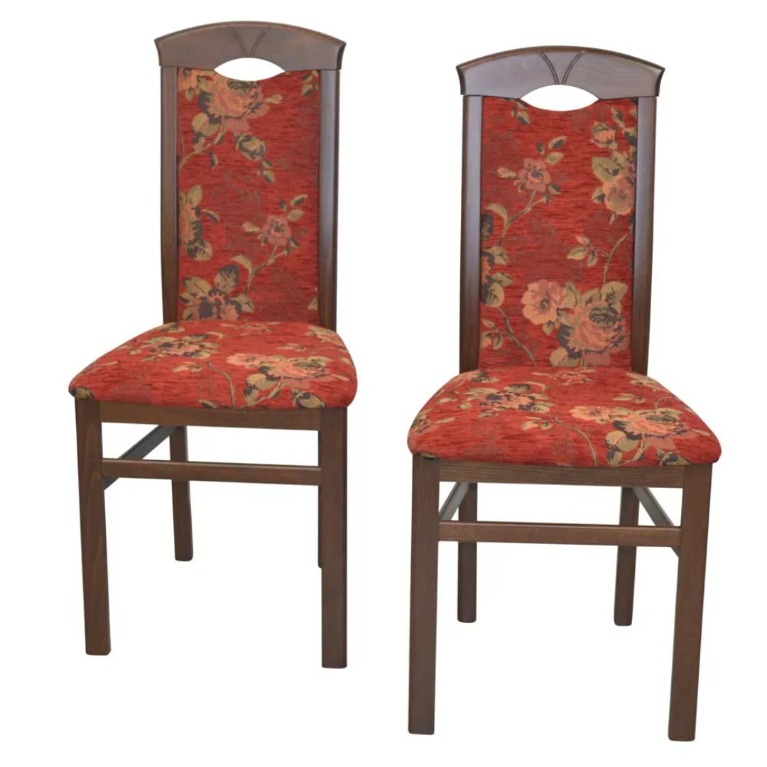 Zwei Esstischstühle in Nussbaumfarben und Rot hoher Lehne (2er Set) günstig online kaufen