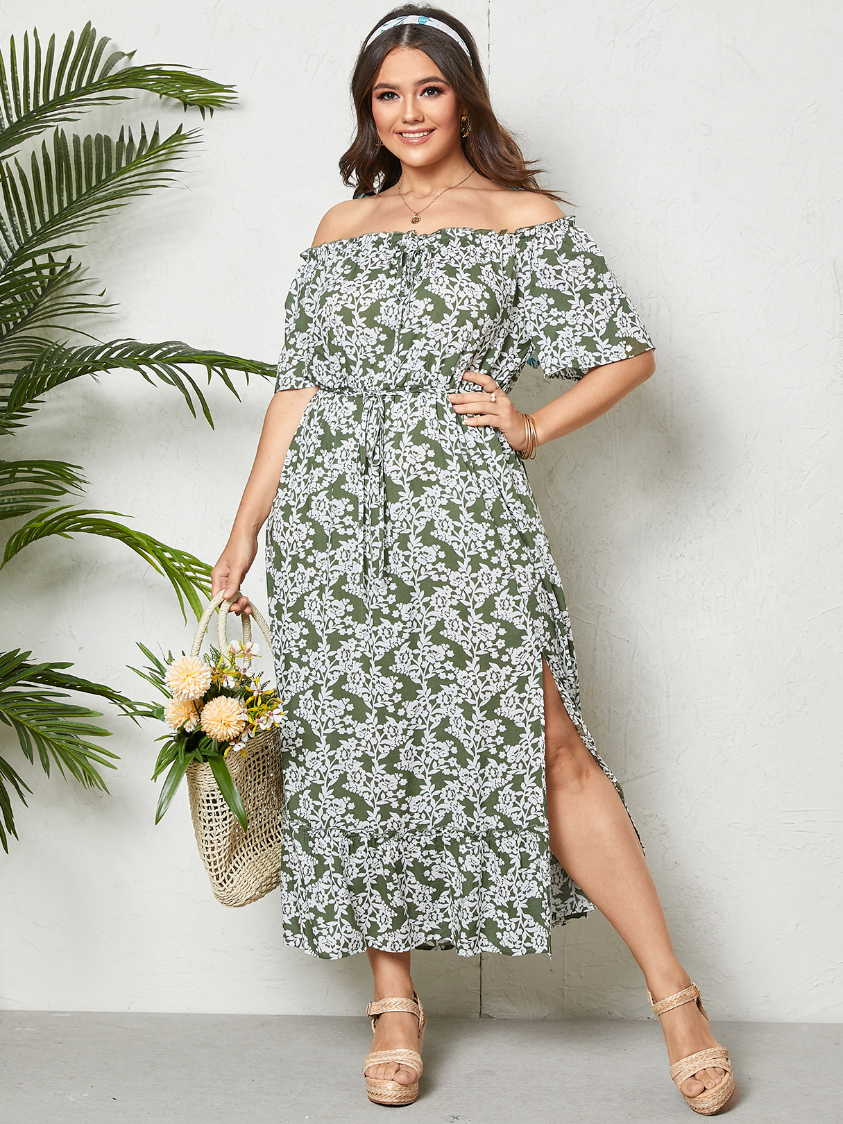 YOINS Plus Size schulterfreies Kleid mit Schlitzen und halben Ärmeln günstig online kaufen