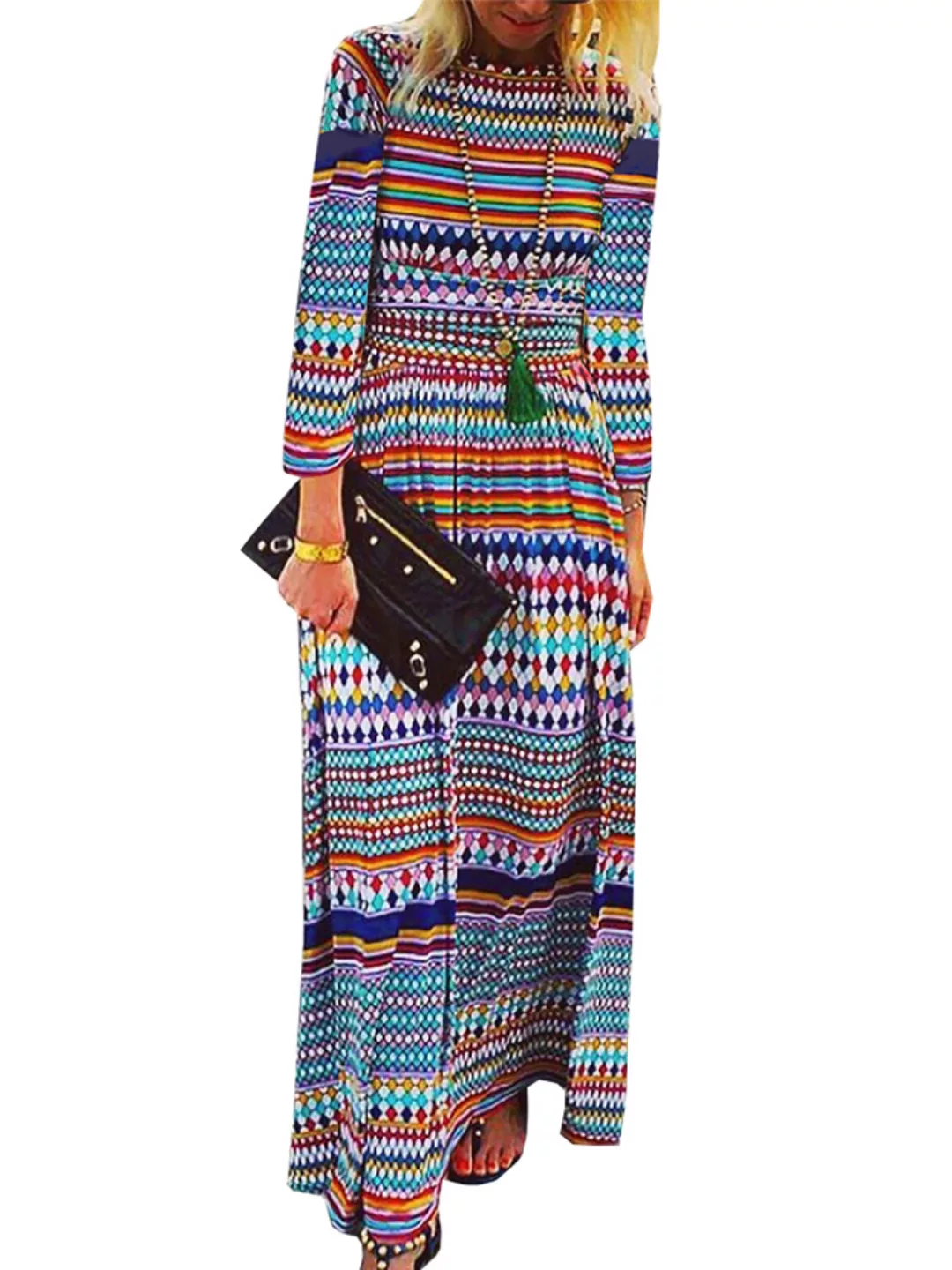 Ethnischer Streifen-Druck mit langen Ärmeln Bohemian Maxi Kleid günstig online kaufen