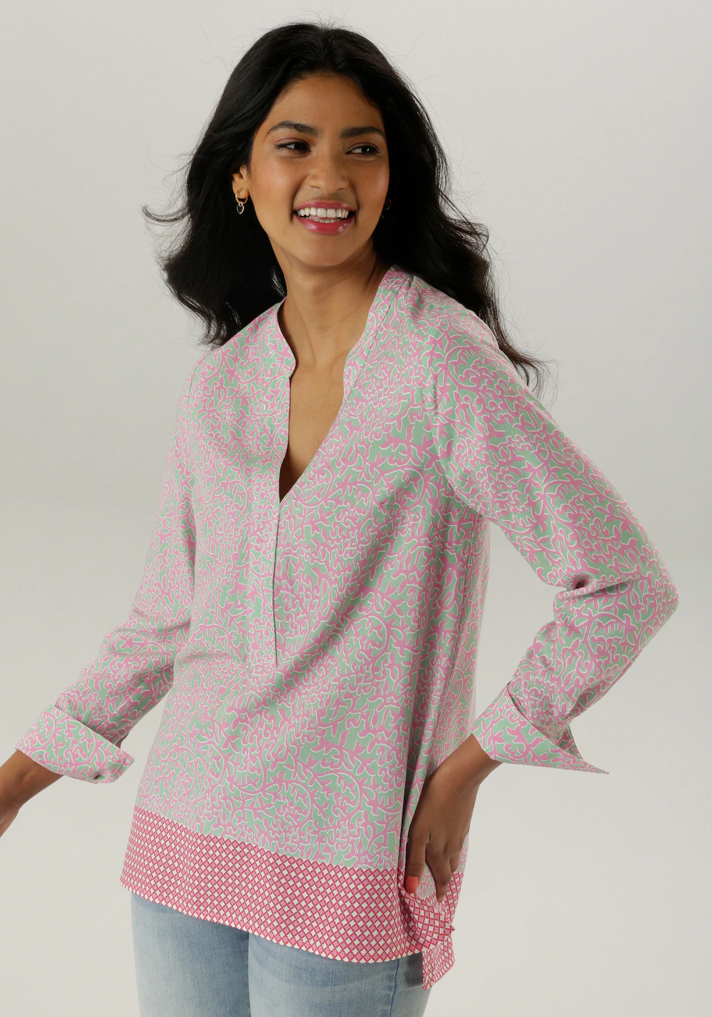 Aniston SELECTED Longbluse, mit Rankenmusterung und Bordürendruck am Saum günstig online kaufen