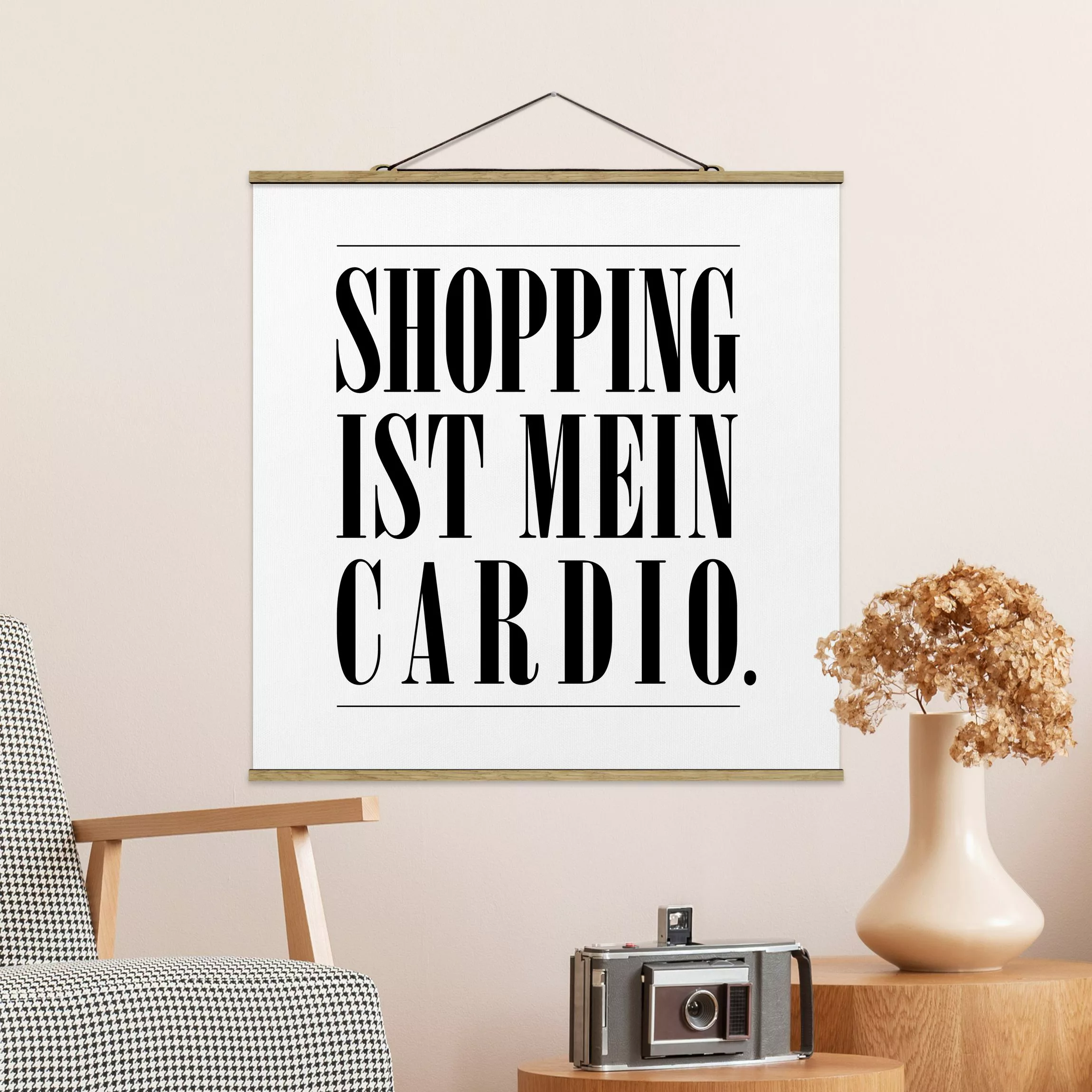 Stoffbild Spruch mit Posterleisten - Quadrat Shopping ist mein Cardio günstig online kaufen