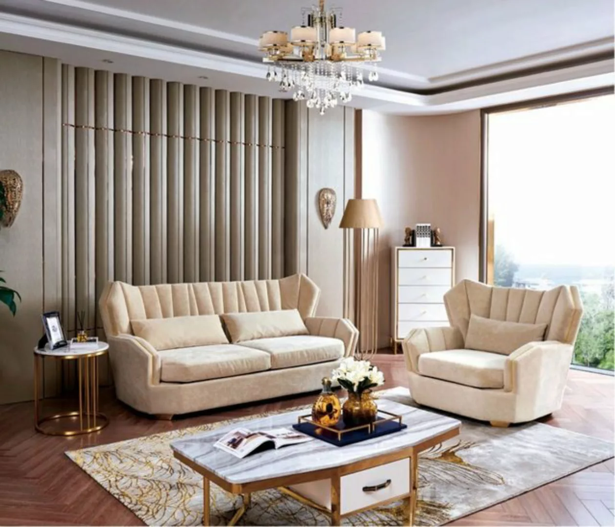 JVmoebel Sofa Beige Sofagarnitur 3+1 Designer Set Luxus Couchen Sofas Möbel günstig online kaufen