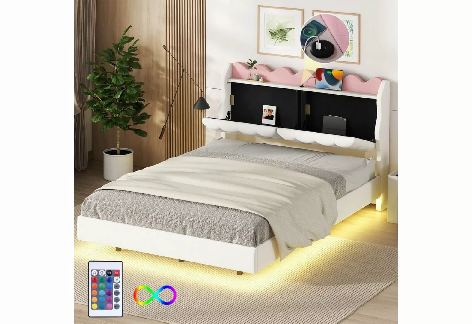 Ulife Polsterbett Stauraumbett Doppelbett mit Nachtkästchen und Lichtleiste günstig online kaufen