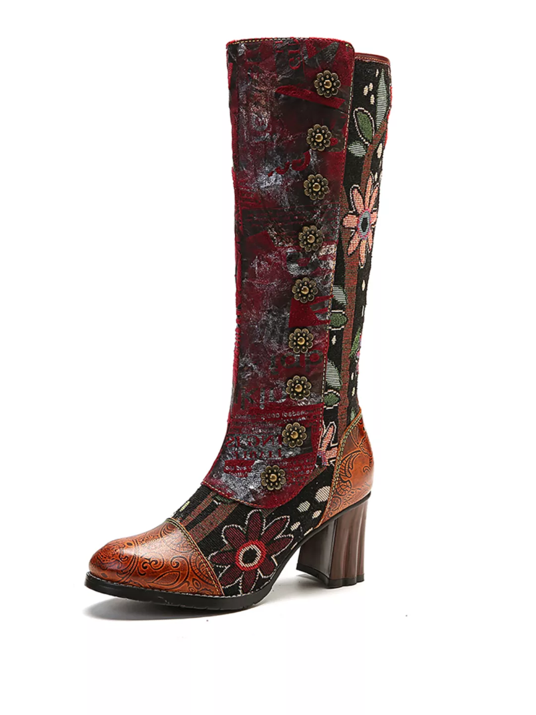 SOCOFY Vintage Sonnenblumen-Echtlederspleißen Mid Calf High Heel Stiefel günstig online kaufen