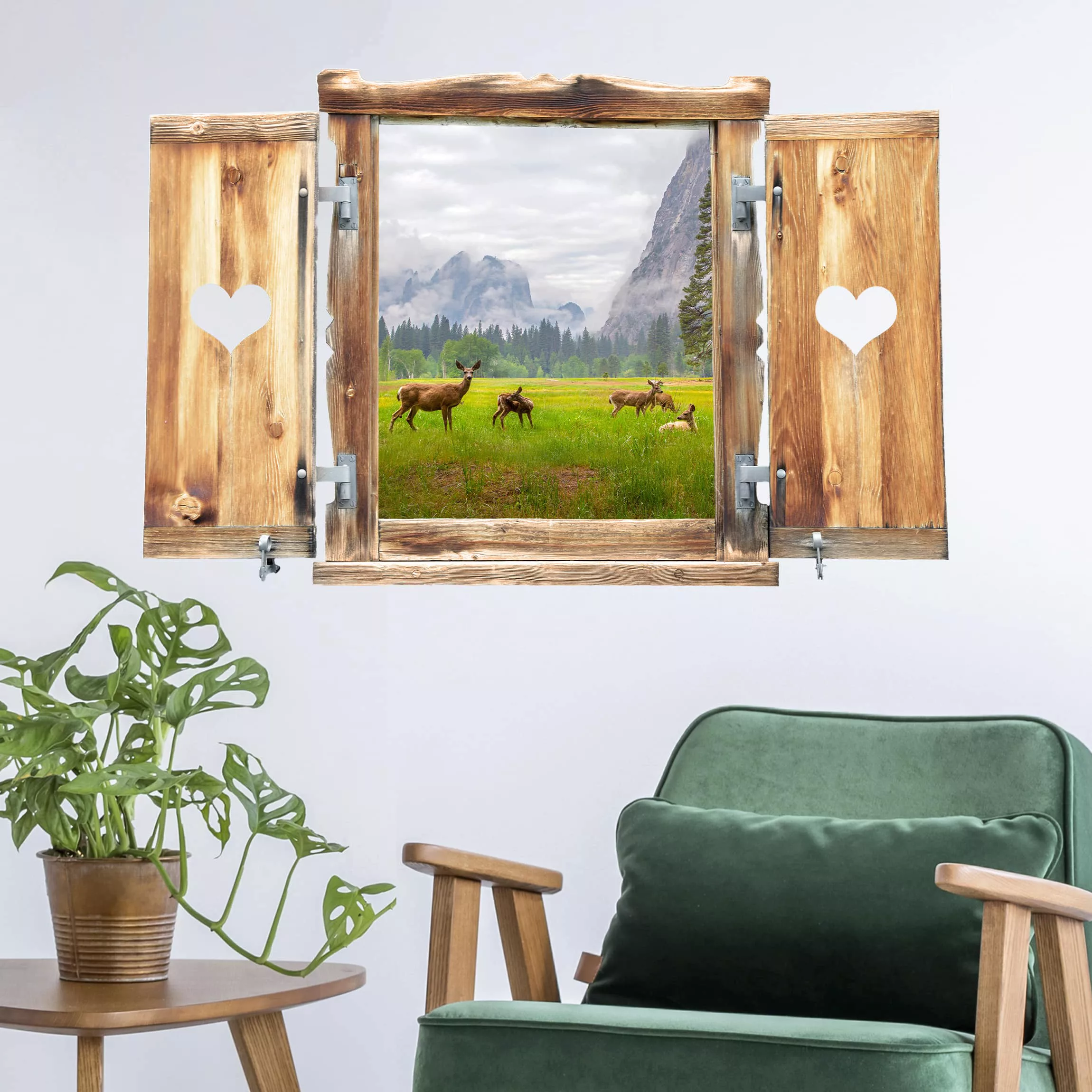 3D Wandtattoo Fenster mit Herz Rehe in den Bergen günstig online kaufen