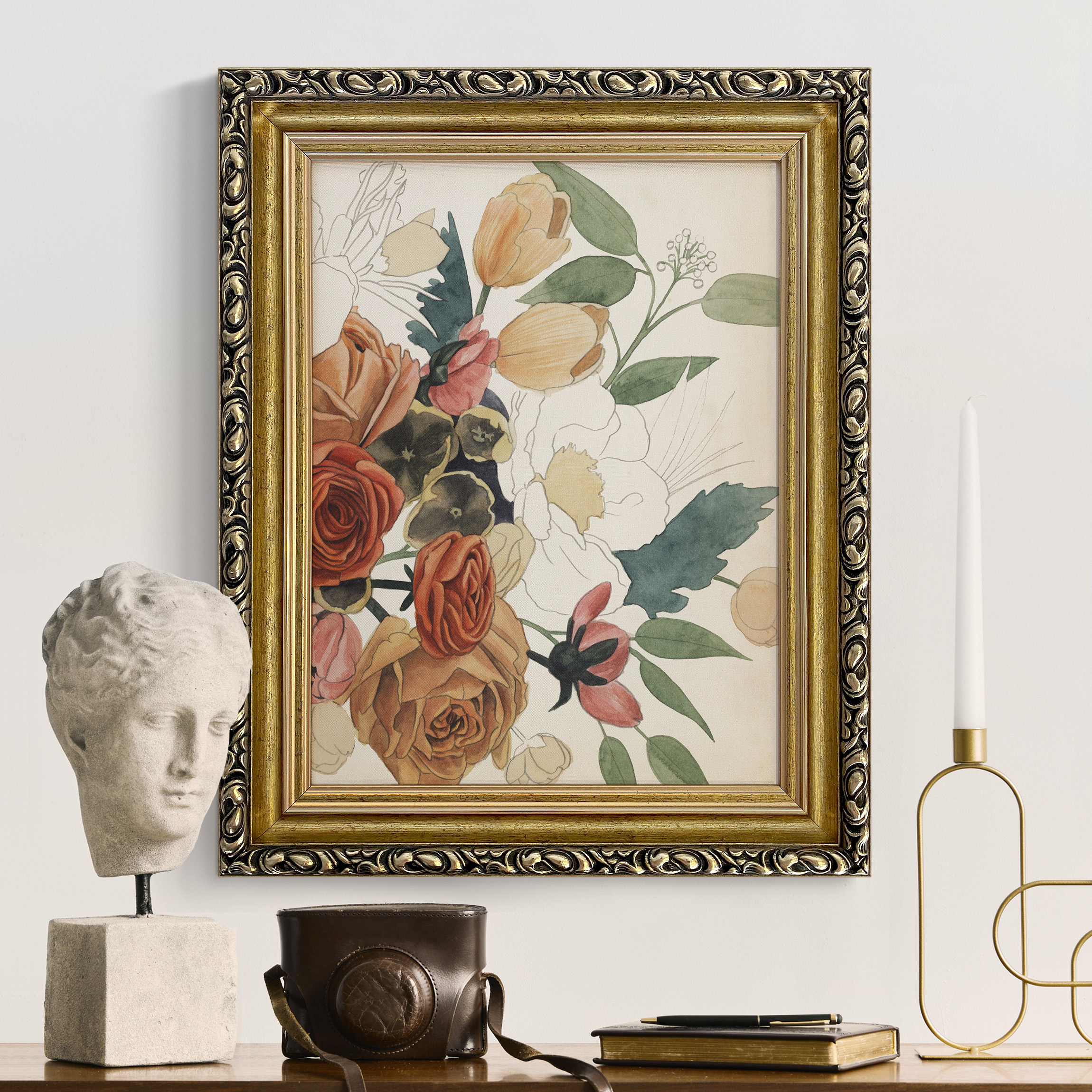 Gerahmtes Leinwandbild Zeichnung Blumenbouquet in Rot und Sepia II günstig online kaufen