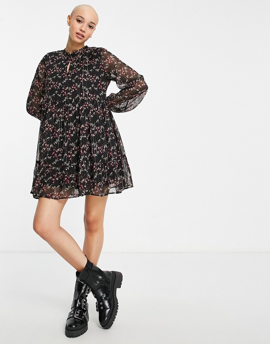 JDY – Minikleid mit transparenten Ärmeln und Blumenmuster in Schwarz-Mehrfa günstig online kaufen