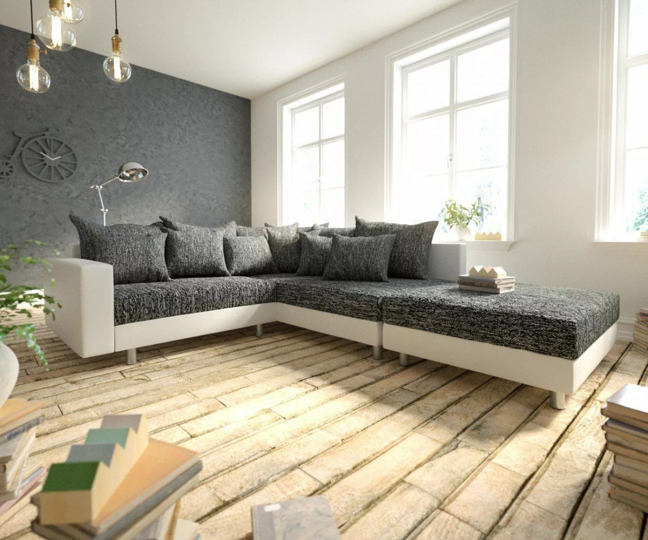 DELIFE Ecksofa Clovis, Weiss Schwarz Hocker günstig online kaufen