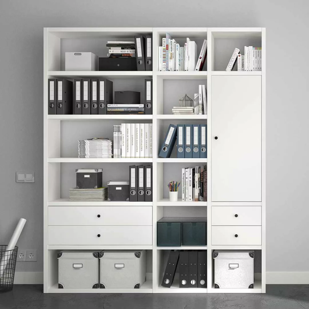 Weiße Regalwand mit vier Schubladen und Tür Made in Germany günstig online kaufen