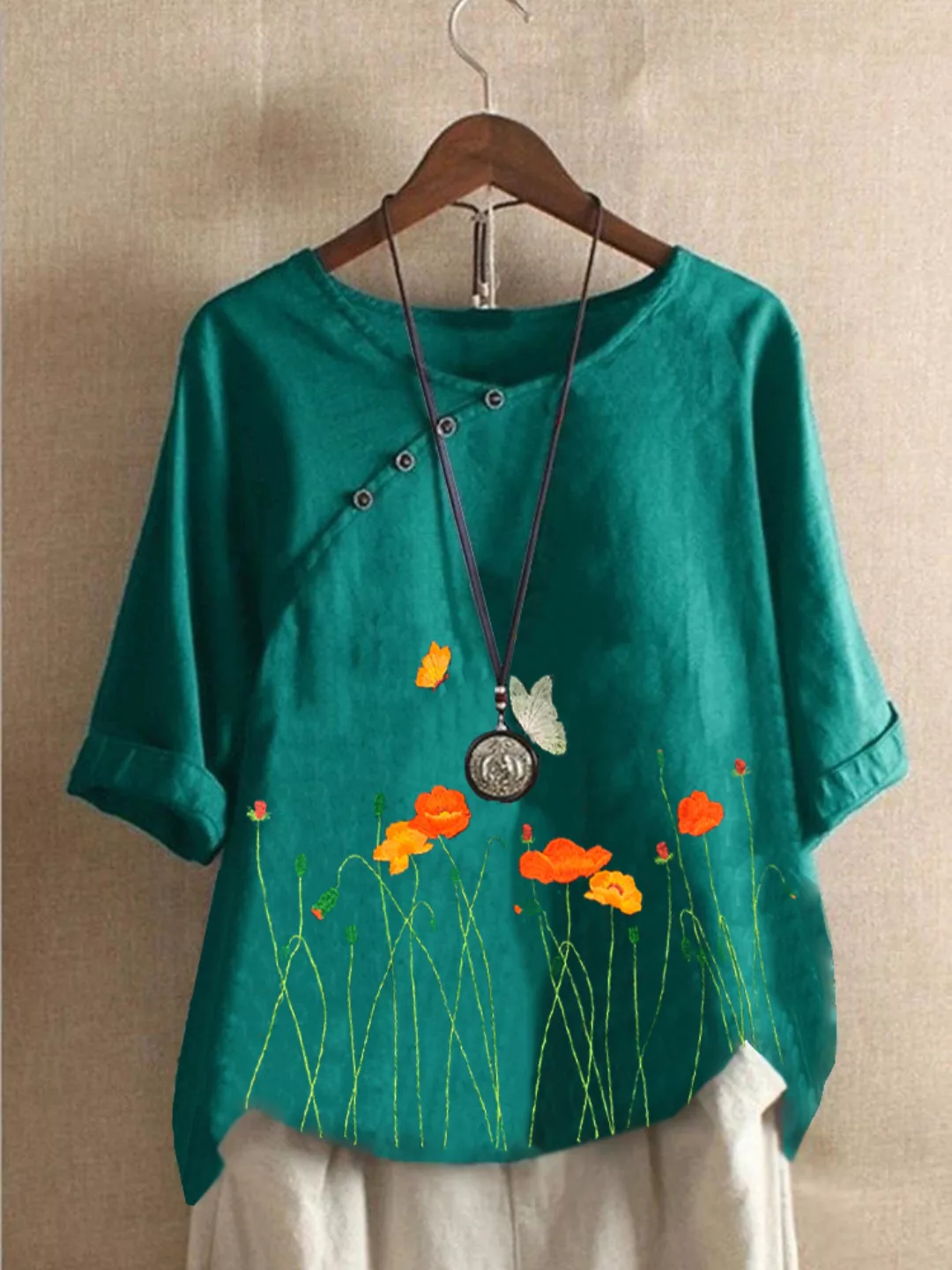 Blumenstickerei Button Halbarm Bluse Für Damen günstig online kaufen