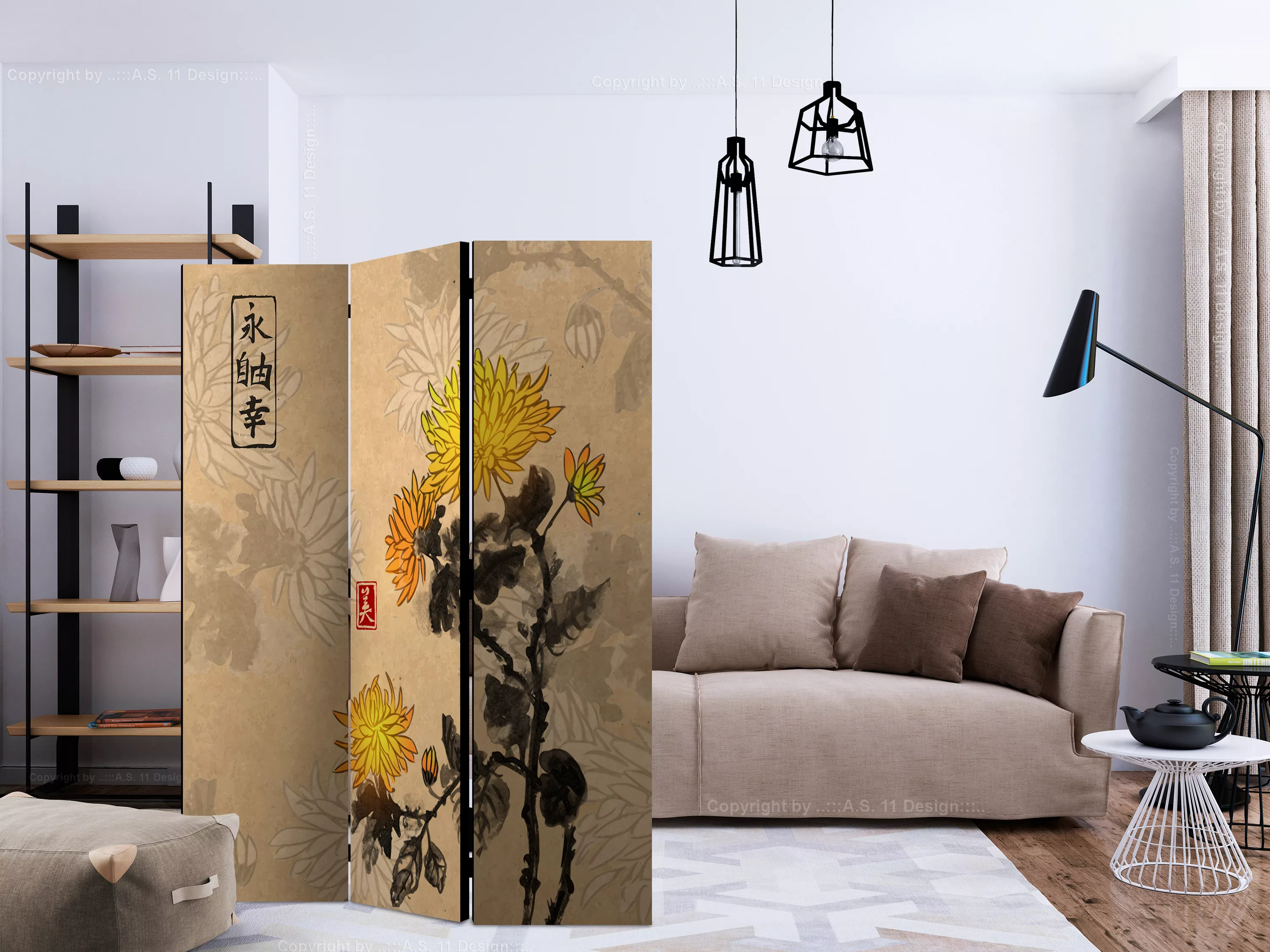 3-teiliges Paravent - Chrysanthemums [room Dividers] günstig online kaufen