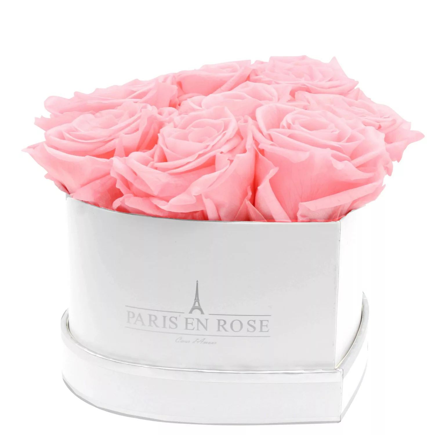 Rosenbox Herz Weiß-Silber mit 8 Rosa Rosen günstig online kaufen