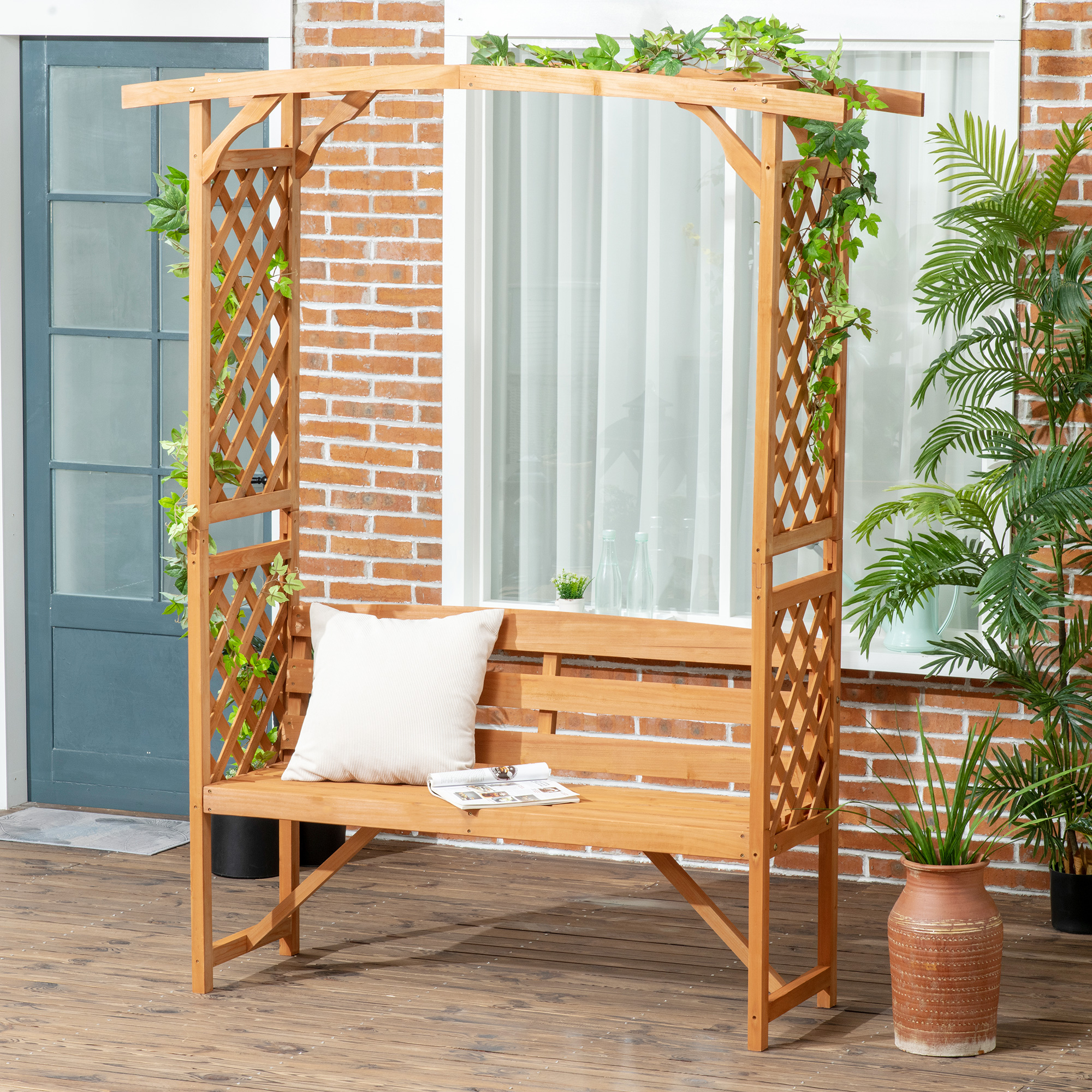 Outsunny Gartenbank aus Fichtenholz mit dekorativem Bogen für Pflanzen und günstig online kaufen