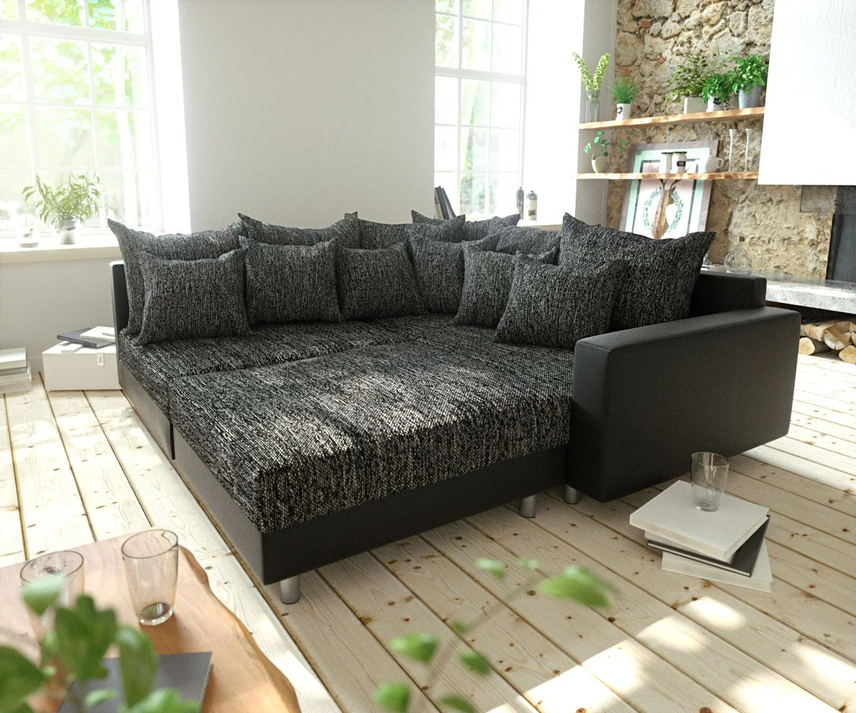 Ecksofa Clovis Schwarz modular Hocker Armlehne Ottomane Rechts günstig online kaufen