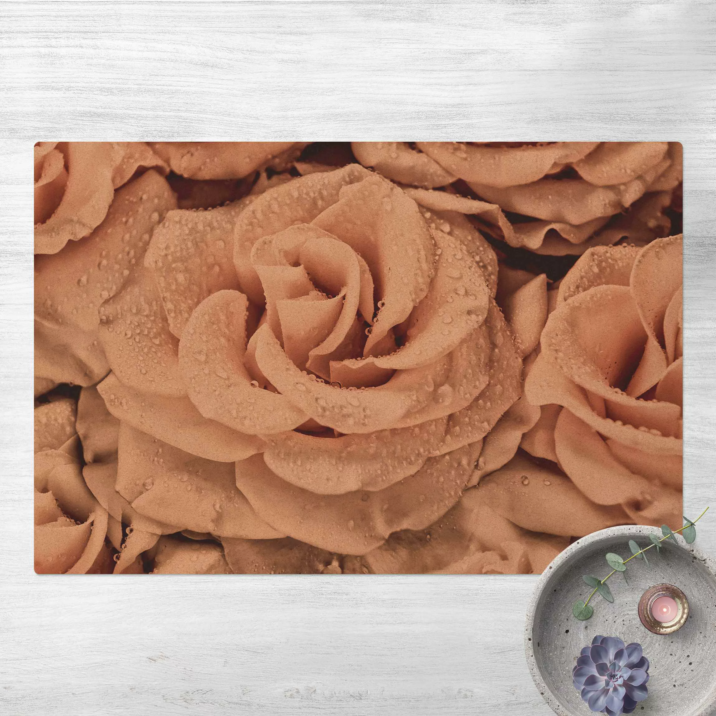 Kork-Teppich Rosen Sepia mit Wassertropfen günstig online kaufen
