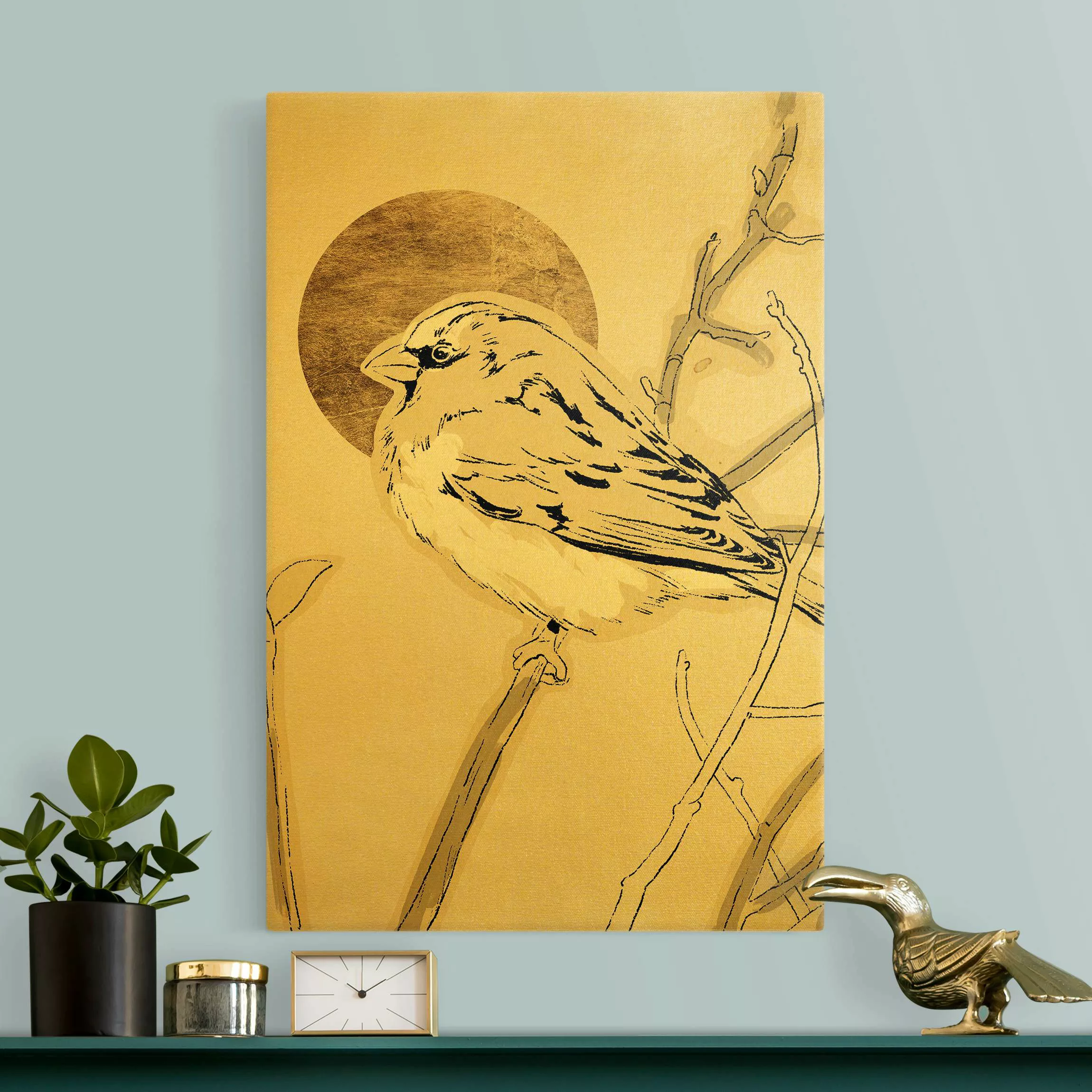 Leinwandbild Gold Vogel vor goldener Sonne IV günstig online kaufen