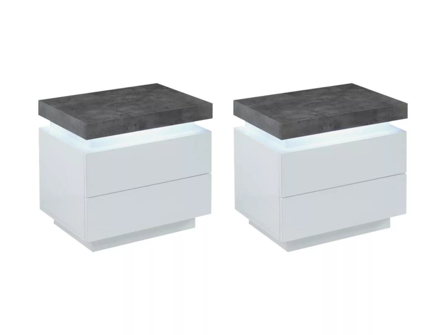 2er-Set Nachttische mit 2 Schubladen & LEDs - MDF lackiert - Weiß & Beton-O günstig online kaufen