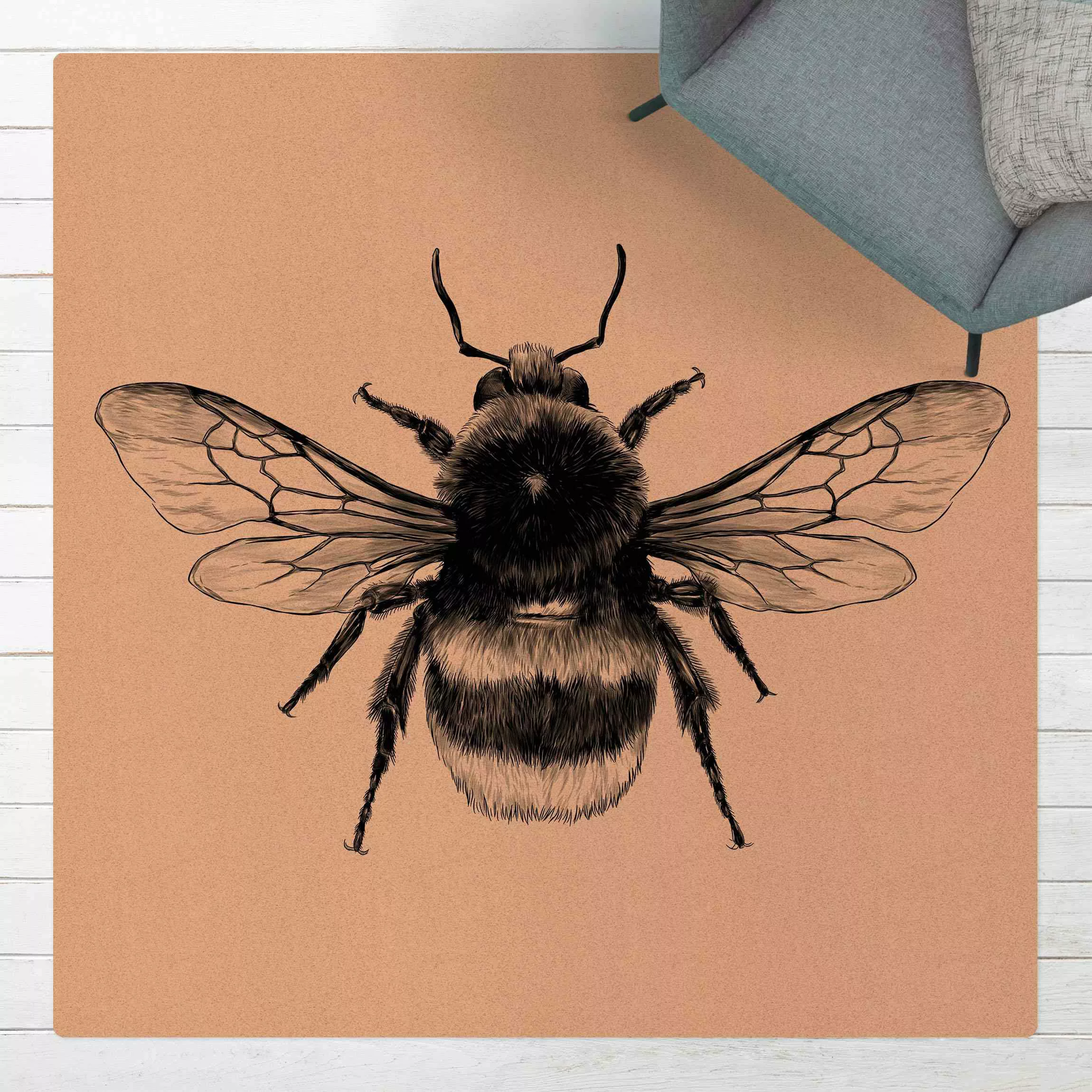 Kork-Teppich Illustration fliegende Hummel Schwarz günstig online kaufen