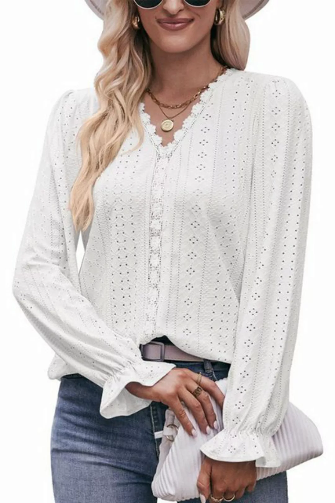 Ciskotu Langarmbluse Damen-Langarmshirt mit Ösen,V-Ausschnitt,Spitze,Herbst günstig online kaufen