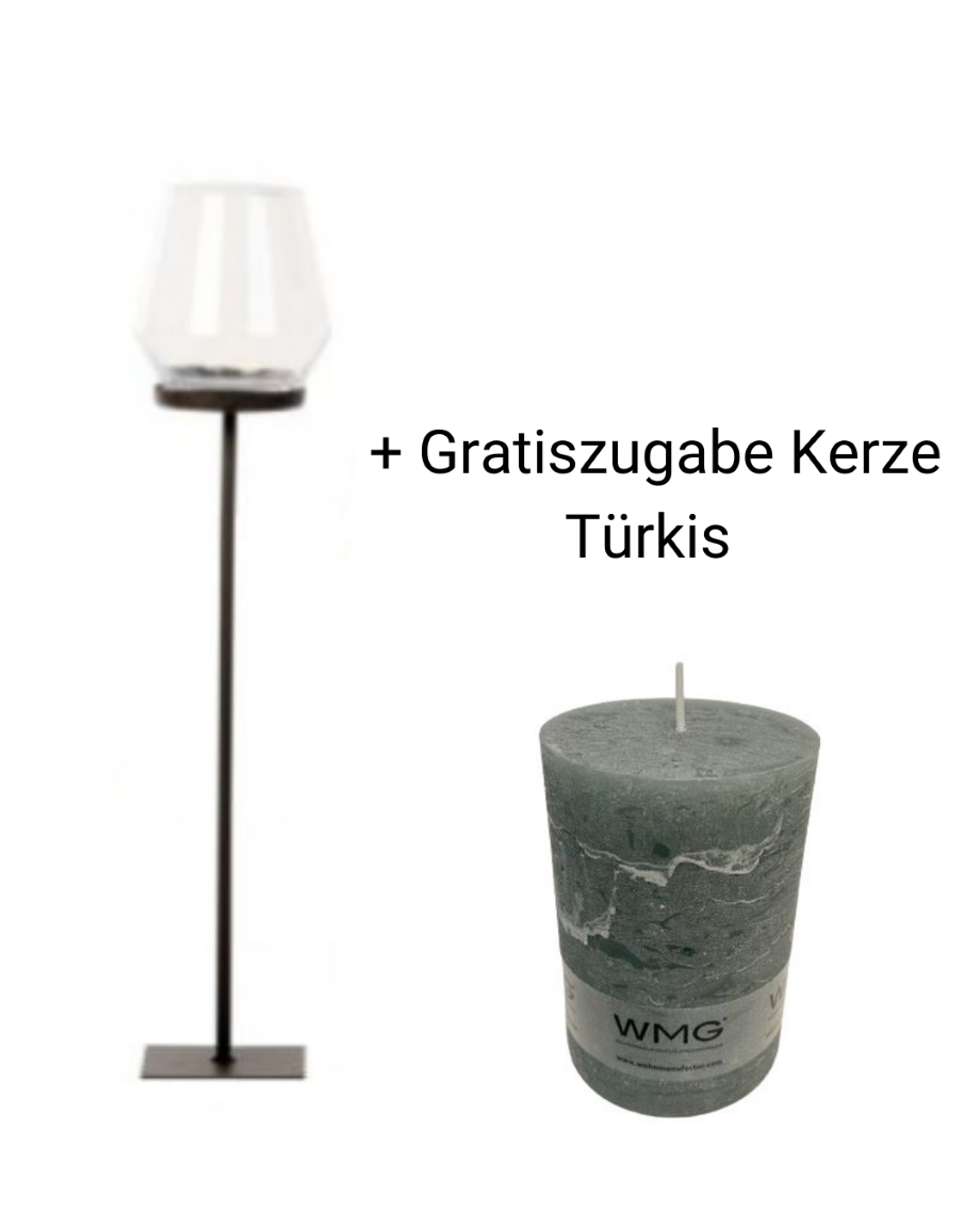 Eisen Windlicht Laurentius Höhe 115 cm + Gratiszugabe Kerze Türkis günstig online kaufen