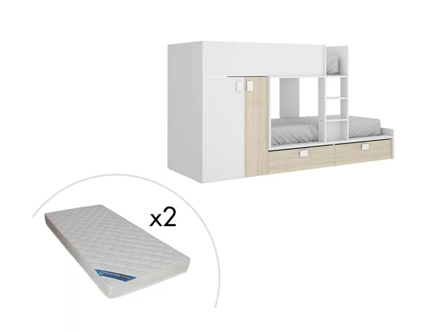 Etagenbett mit Kleiderschrank + Matratzen - 2x 90 x 190 cm - Weiß & Naturfa günstig online kaufen