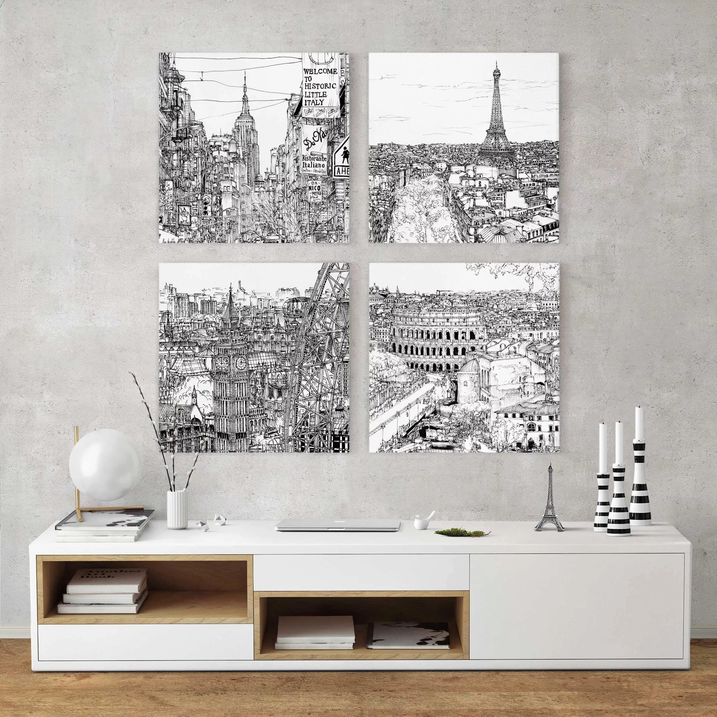 4-teiliges Leinwandbild Architektur & Skyline - Quadrat Stadtstudie Set I günstig online kaufen