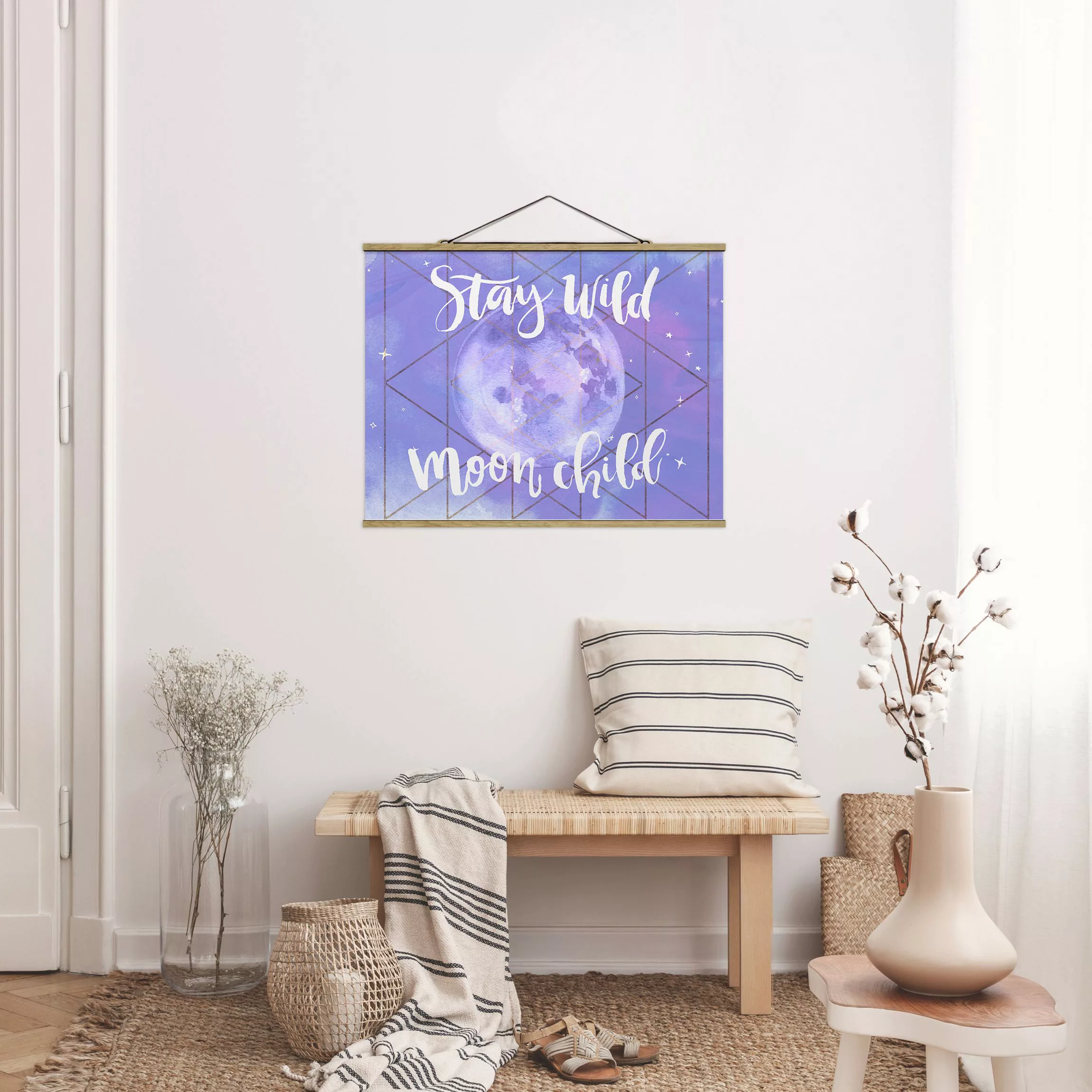 Stoffbild Spruch mit Posterleisten - Querformat Mond-Kind - Stay wild günstig online kaufen