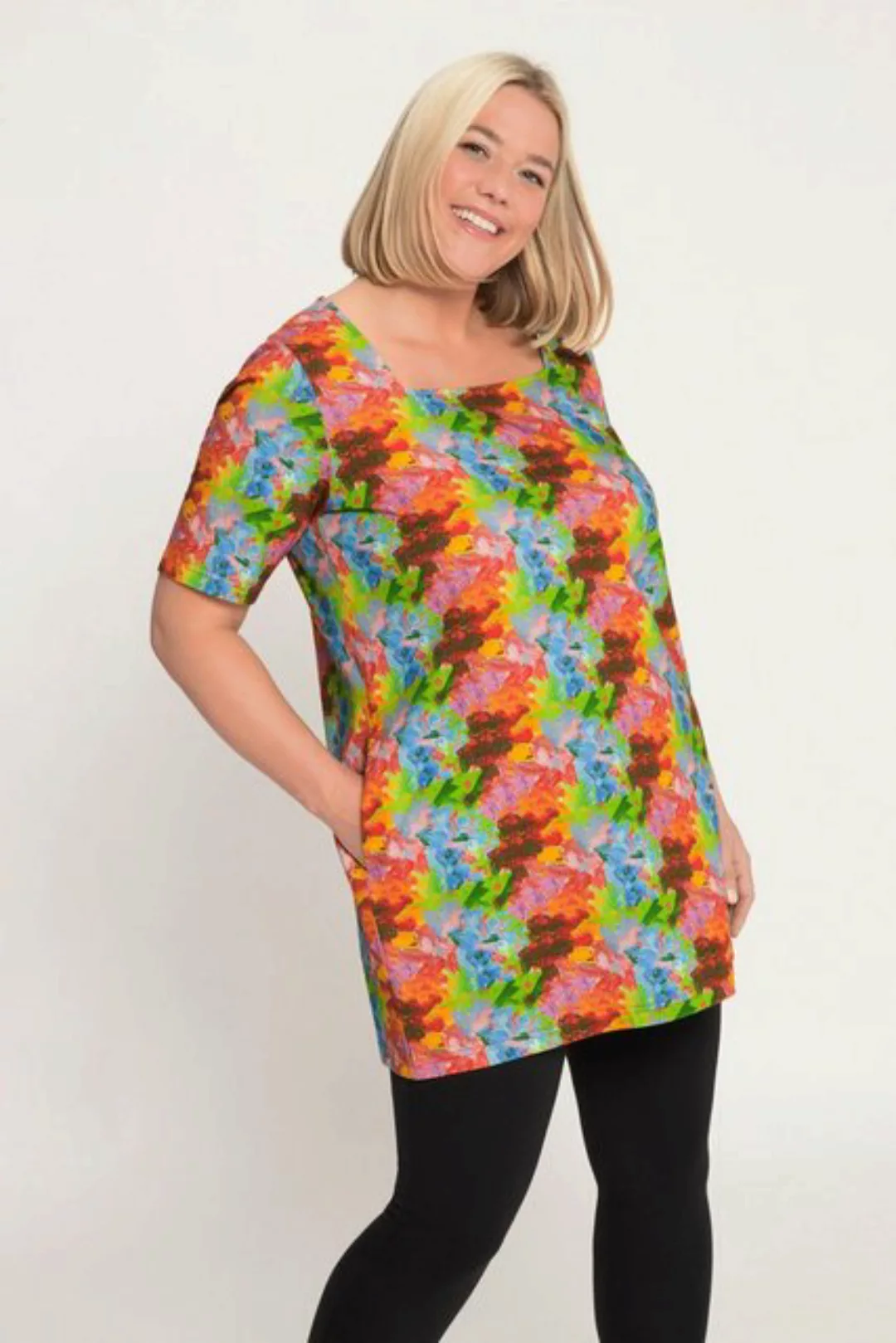 Ulla Popken Longshirt Longshirt farbiger Print A-Line Carree-Ausschnitt günstig online kaufen