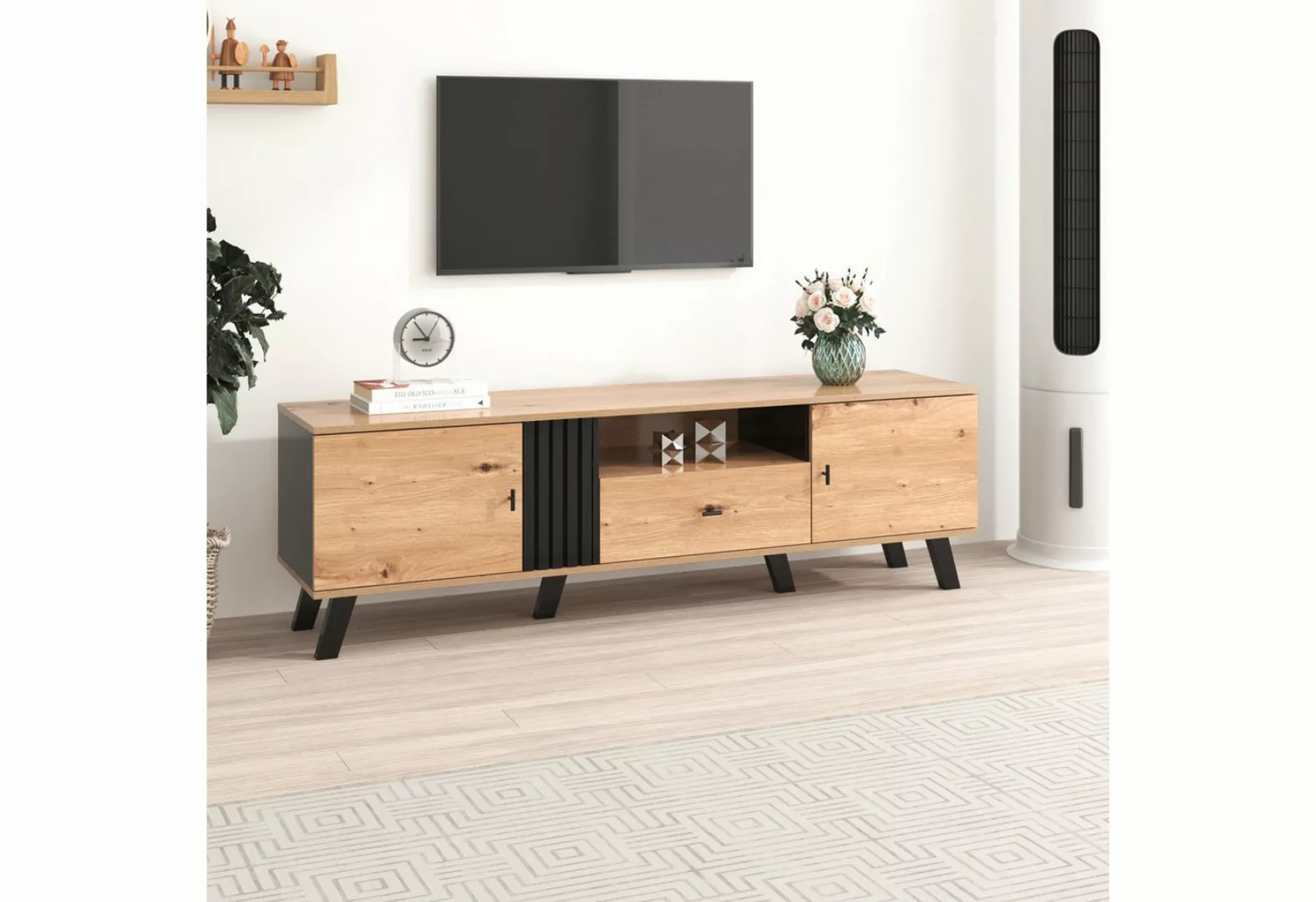 TavilaEcon TV-Schrank in Holz-Schwarz-Design mit Schubladen 170*40*50 cm günstig online kaufen