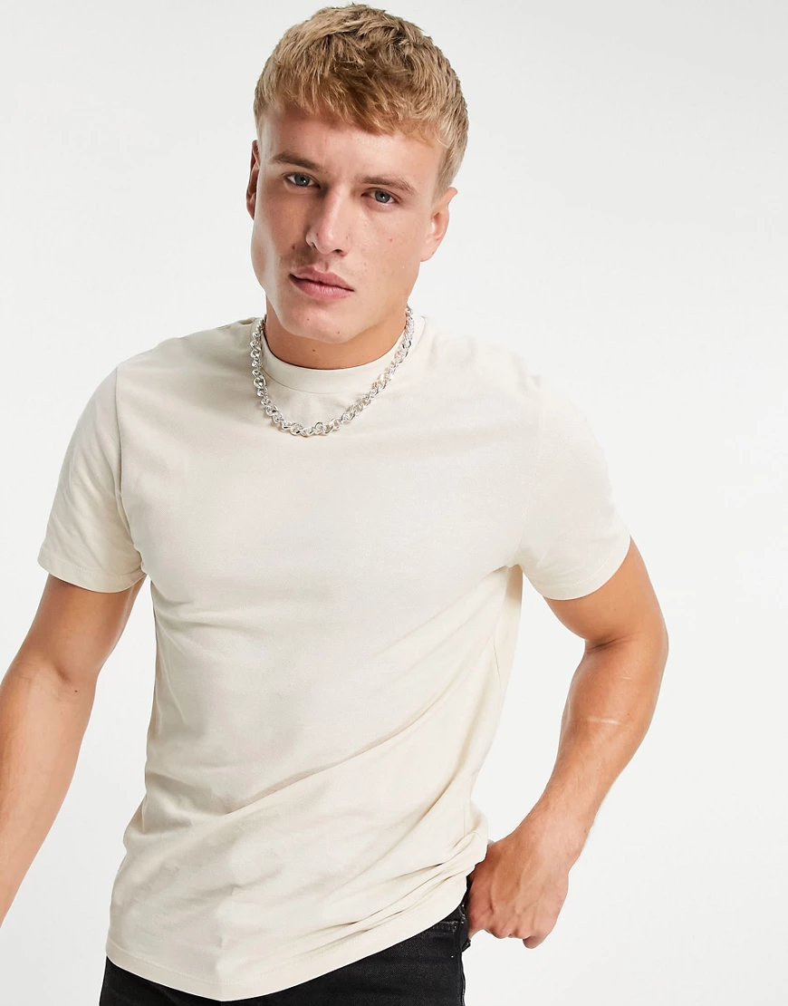 ASOS DESIGN – Pikee-T-Shirt mit Rundhalsausschnitt in Beige-Neutral günstig online kaufen