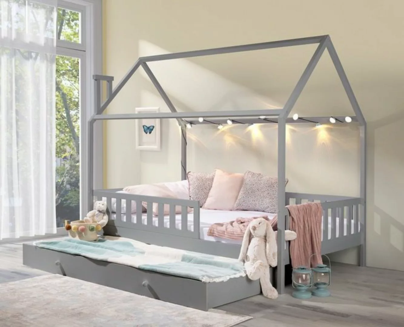 Deine Möbel 24 Hausbett Kinderbett für 2 Kinder ROSI 120x200 Weiss Grau Kie günstig online kaufen