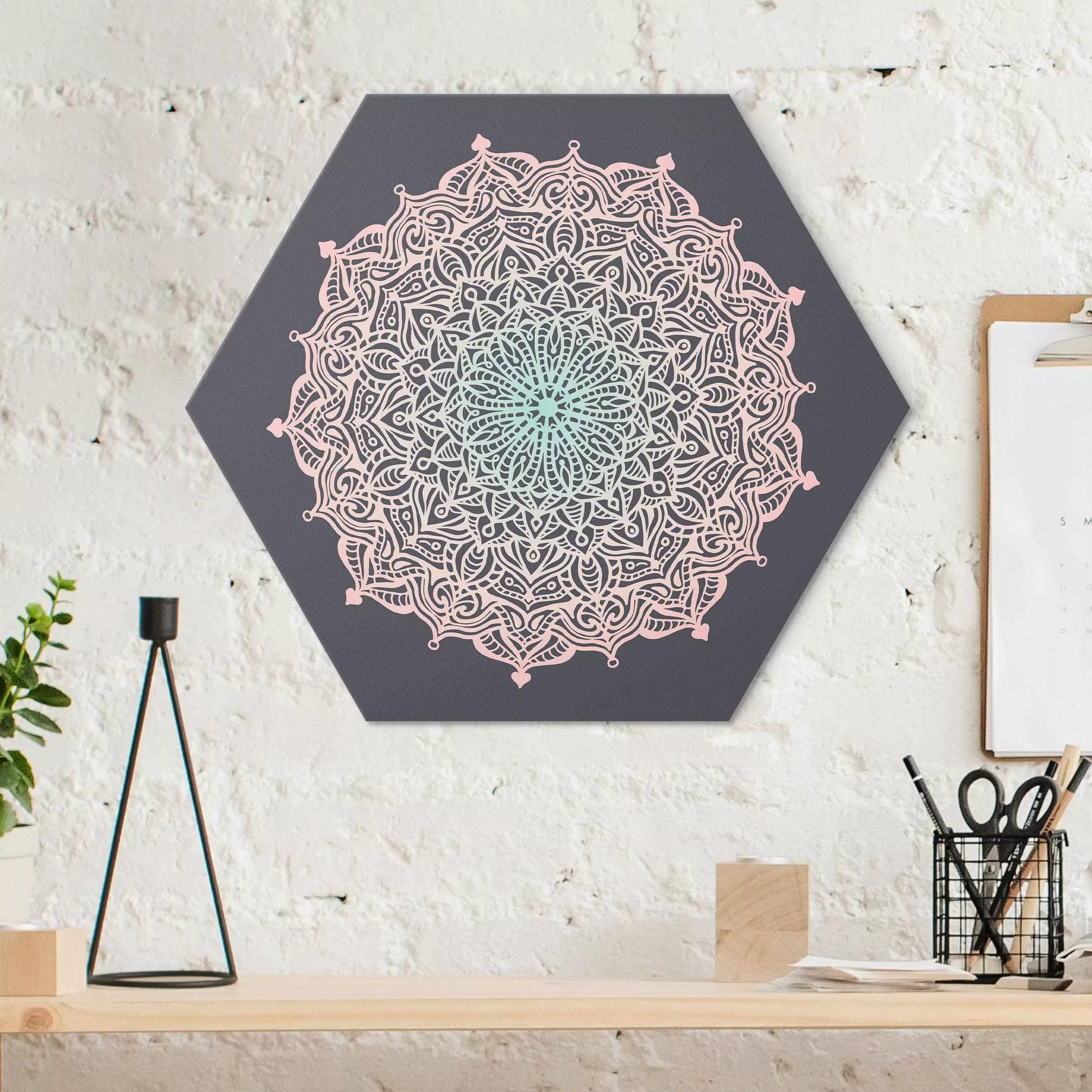 Hexagon-Alu-Dibond Bild Mandala Ornament in Rose und Blau günstig online kaufen