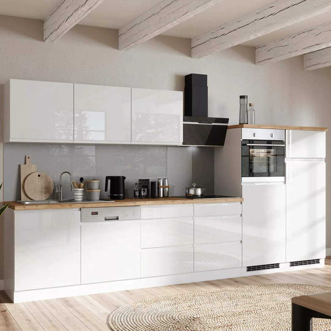 Küchenzeile 360 cm, inkl. E-Geräte, in Hochglanz weiß, Arbeitsplatte Eiche günstig online kaufen