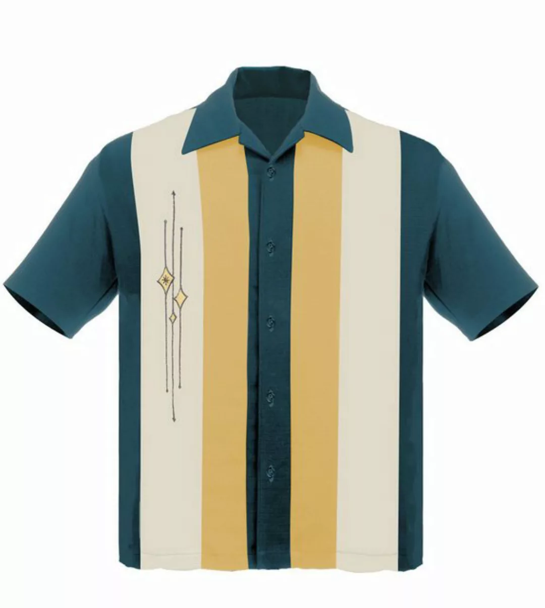 Steady Clothing Kurzarmhemd The Finley Teal Mustard Cream Vintage Bowling S günstig online kaufen