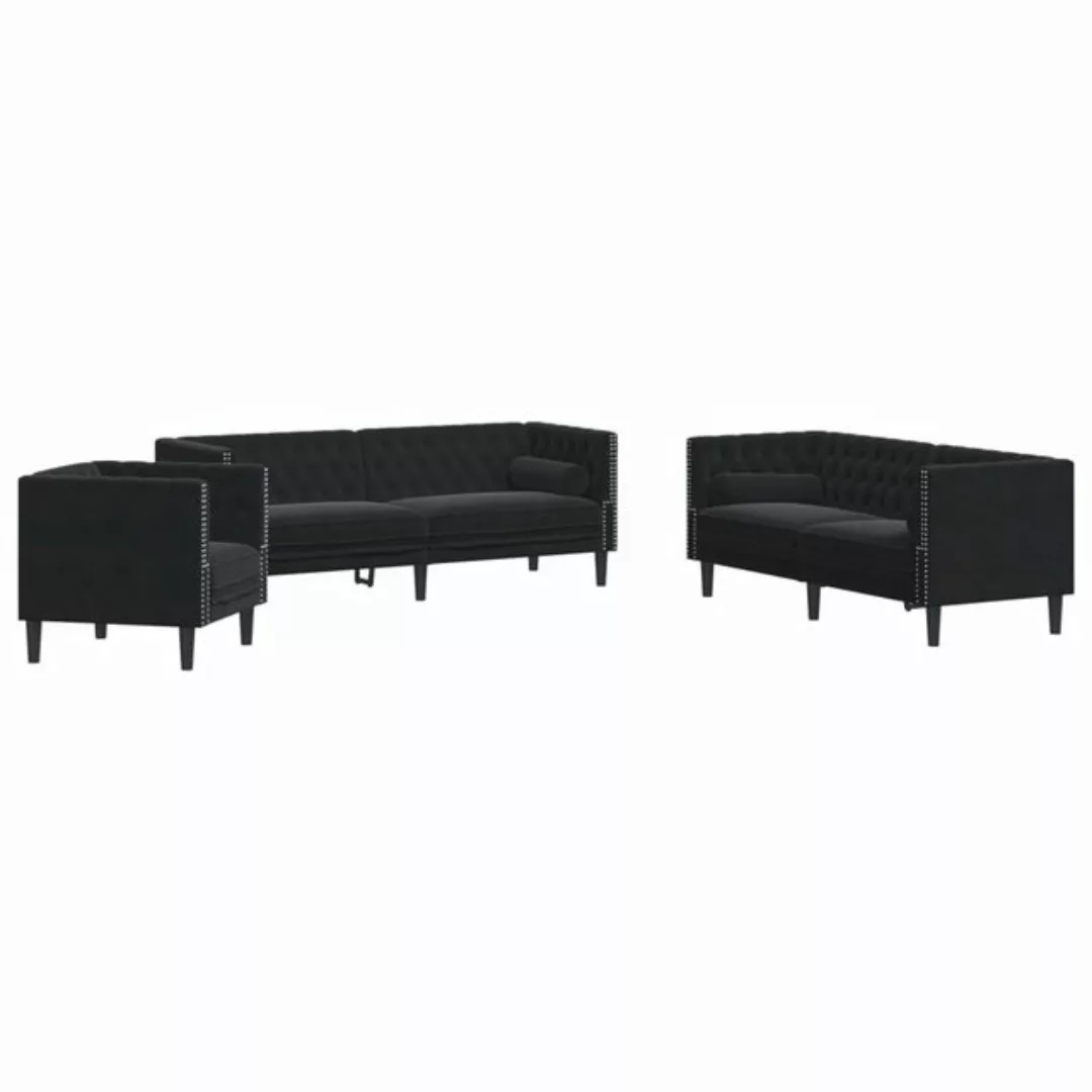 vidaXL Sofa 3-tlg. Chesterfield-Sofa-Set mit Nackenrollen Schwarz Samt günstig online kaufen