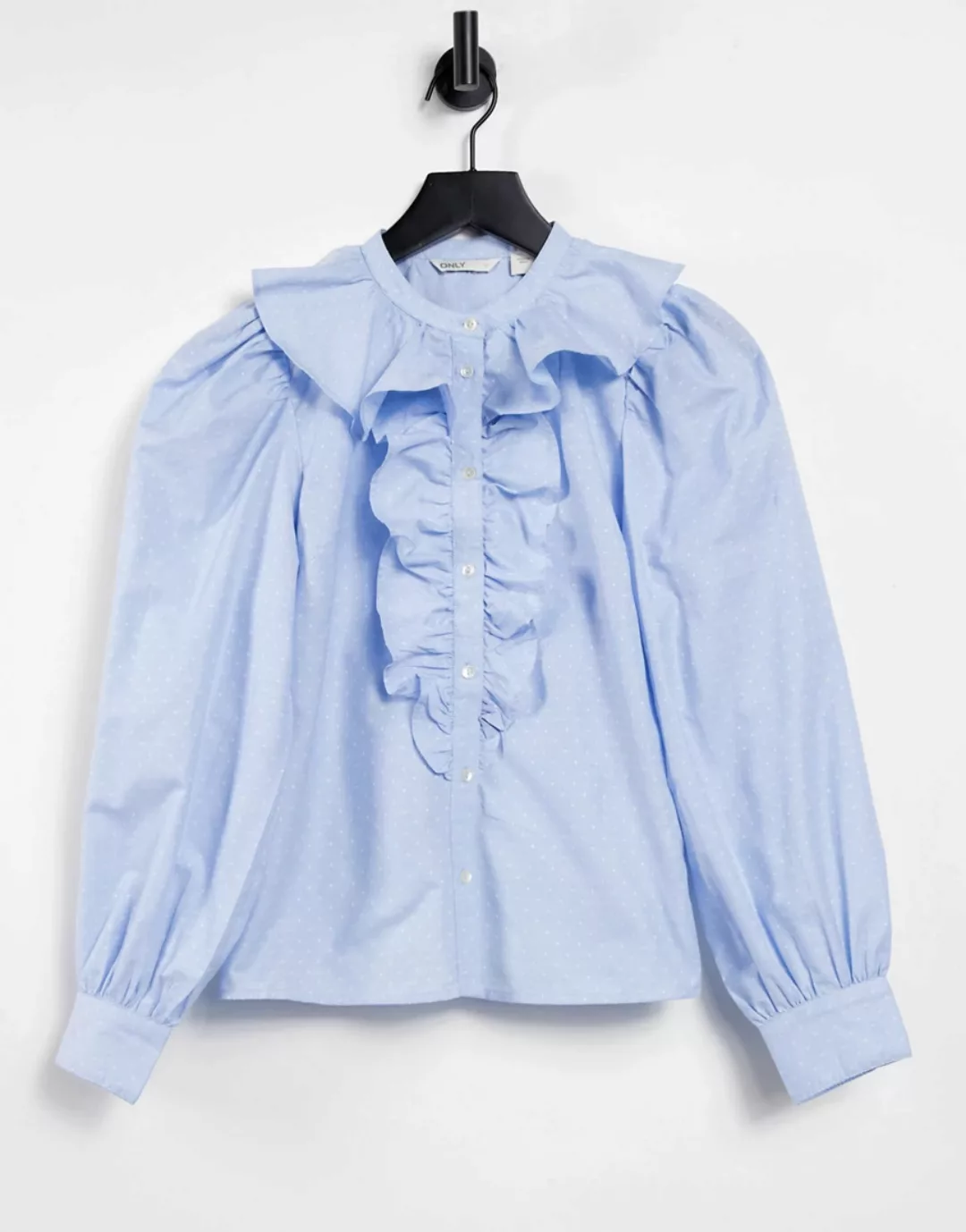Only – Bluse mit Knöpfen, Rüschen und voluminösen Ärmeln in Hellblau günstig online kaufen