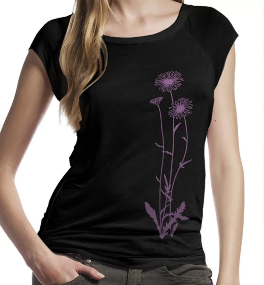 Blumen Bambus-t-shirt / Top In Schwarz & Violet günstig online kaufen