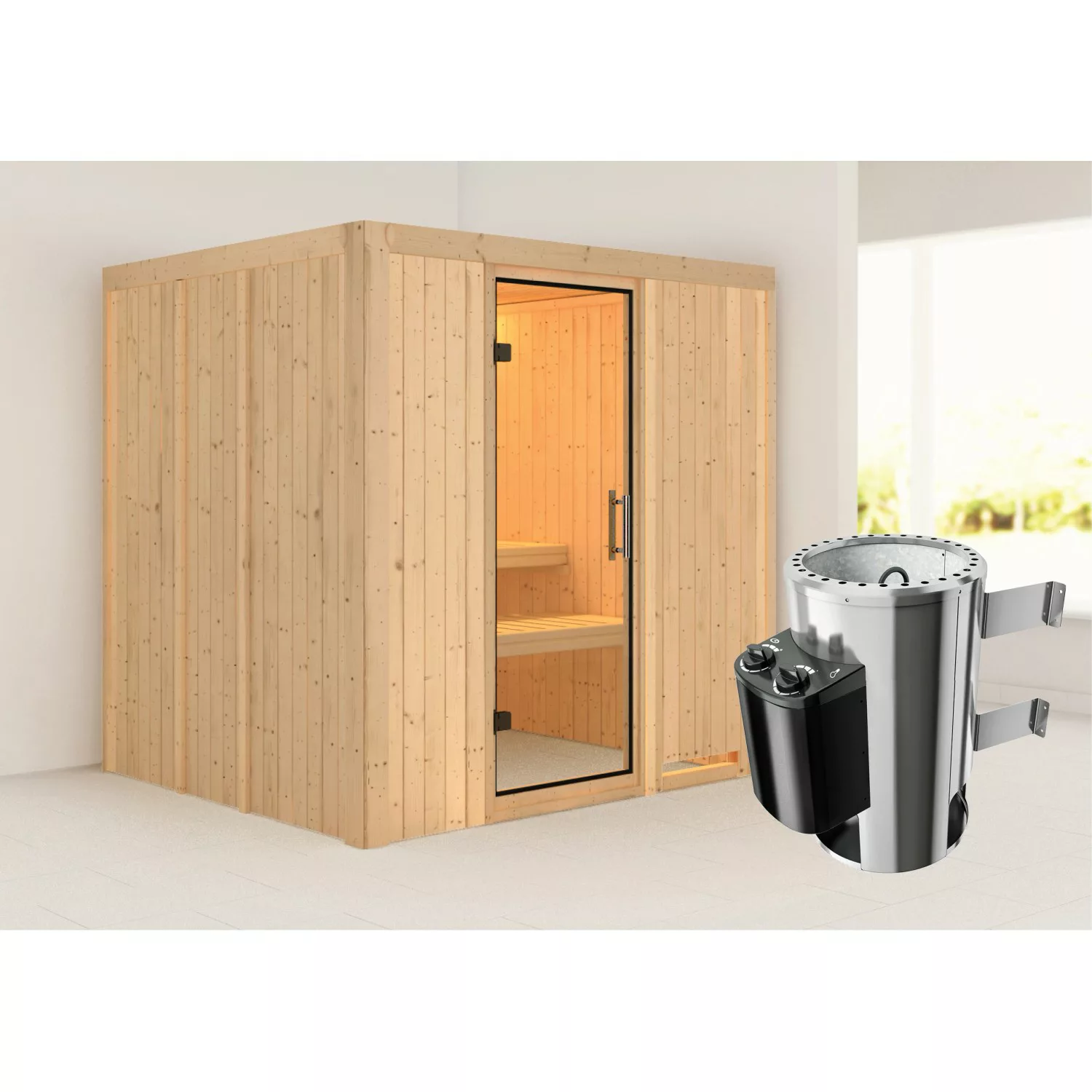 Karibu Sauna Dilja mit Ofen integrierte Stg.Natur günstig online kaufen