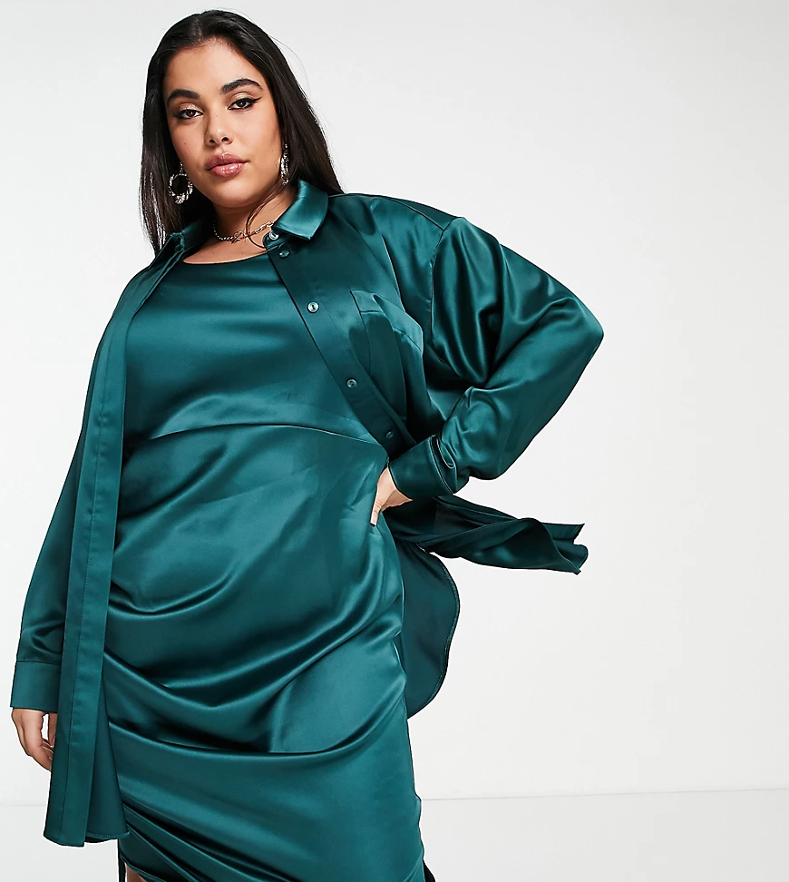 ASOS DESIGN Curve – Oversize-Hemd aus blaugrünem Satin, Kombiteil günstig online kaufen