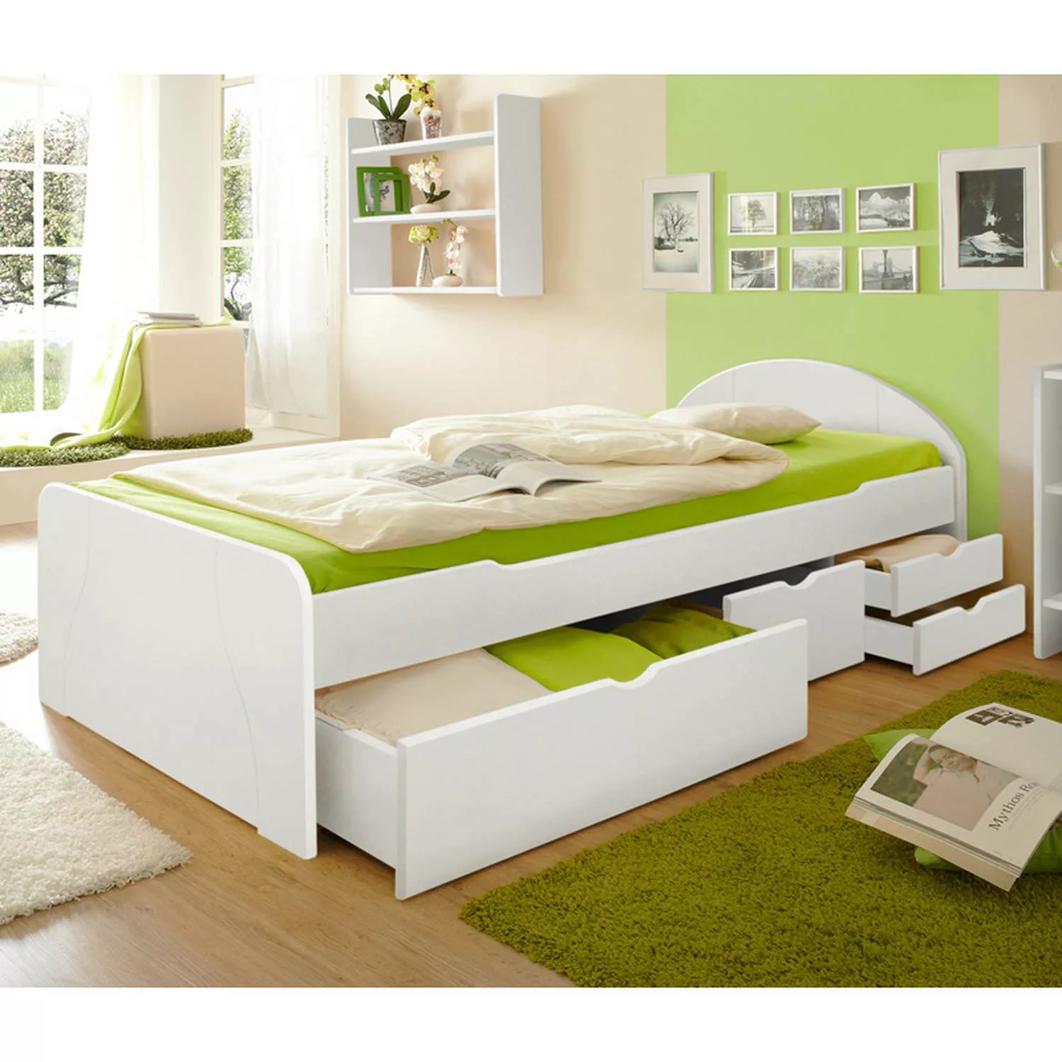 Schubkastenbett Jugendbett 90x200cm GENF-22 Kiefer massiv weiß B99 x H70/50 günstig online kaufen