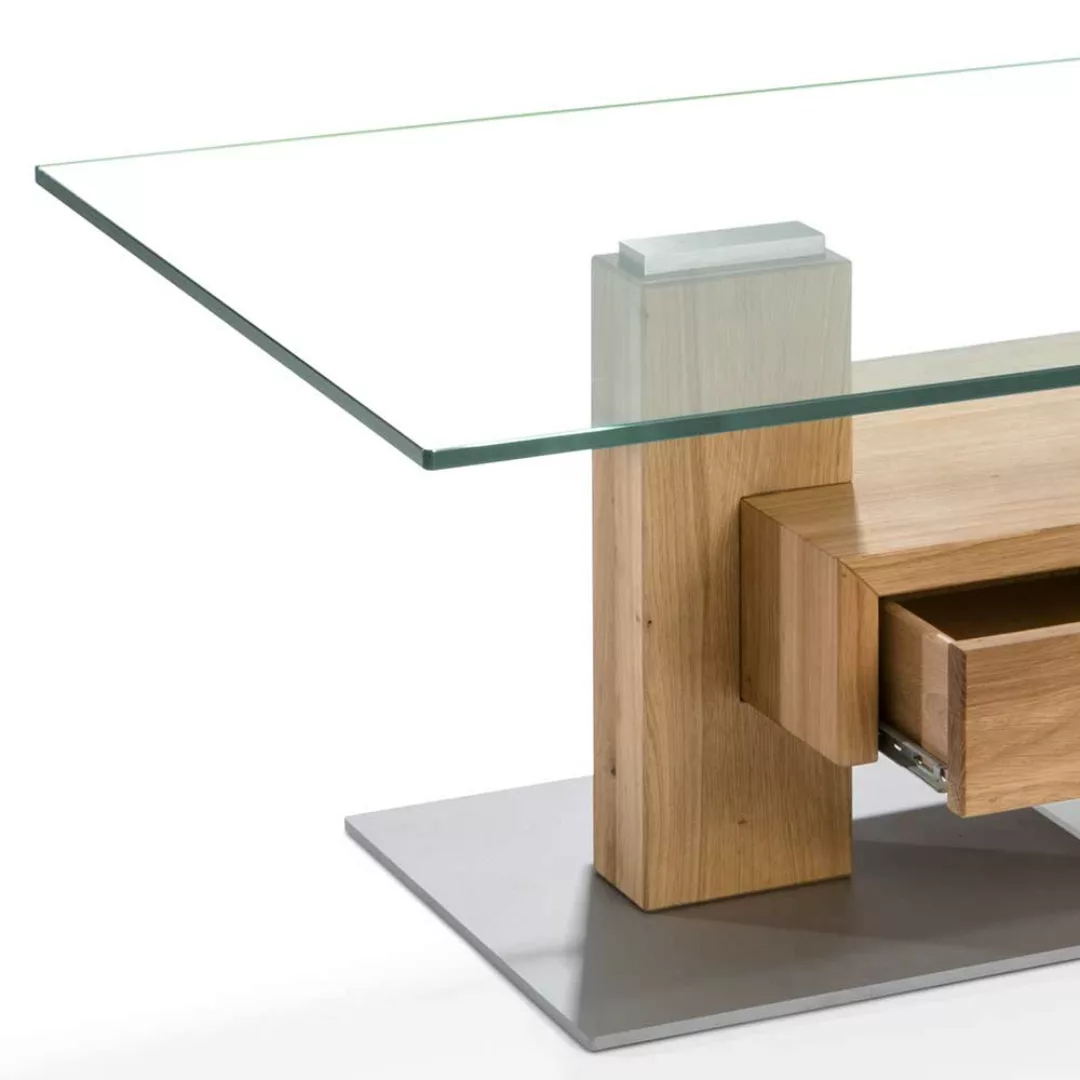 Wohnzimmertisch aus Asteiche Massivholz Klarglasplatte günstig online kaufen
