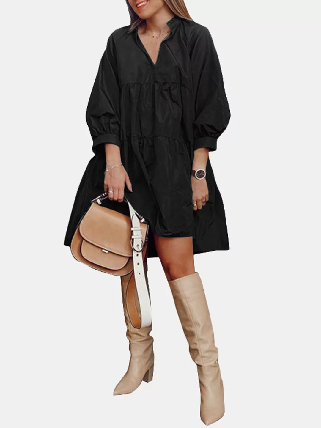 Einfarbig Revers V-Ausschnitt Kragen Laterne Ärmel Midi Kleid günstig online kaufen