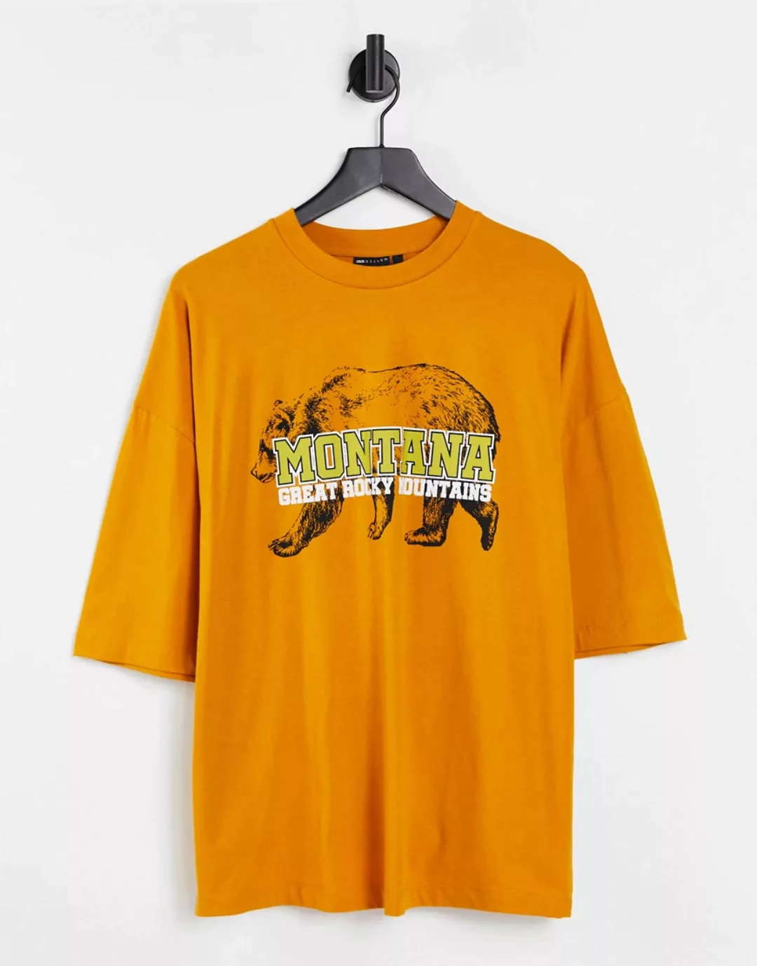 ASOS DESIGN – Oversize-T-Shirt in Senfgelb mit Montana-Schriftzug und Bären günstig online kaufen
