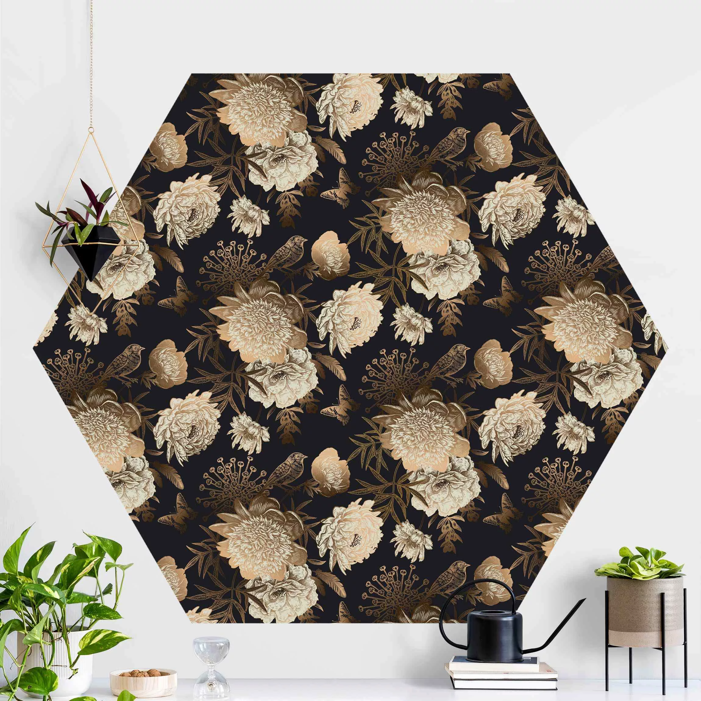 Hexagon Mustertapete selbstklebend Pfingstrosen Pattern Schwarz Gold günstig online kaufen